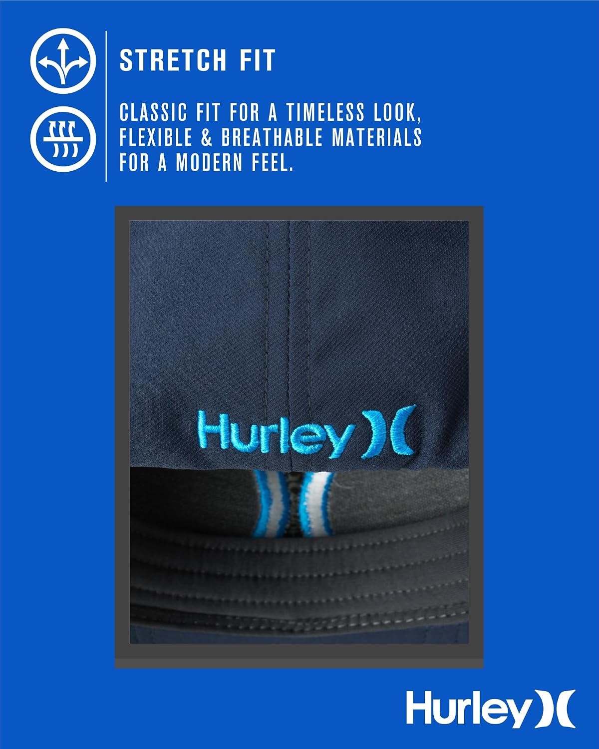 Hurley Men’s Baseball Cap – Lightweight Curved Bill H2O Dri Fitted Caps for Men(University Blue)