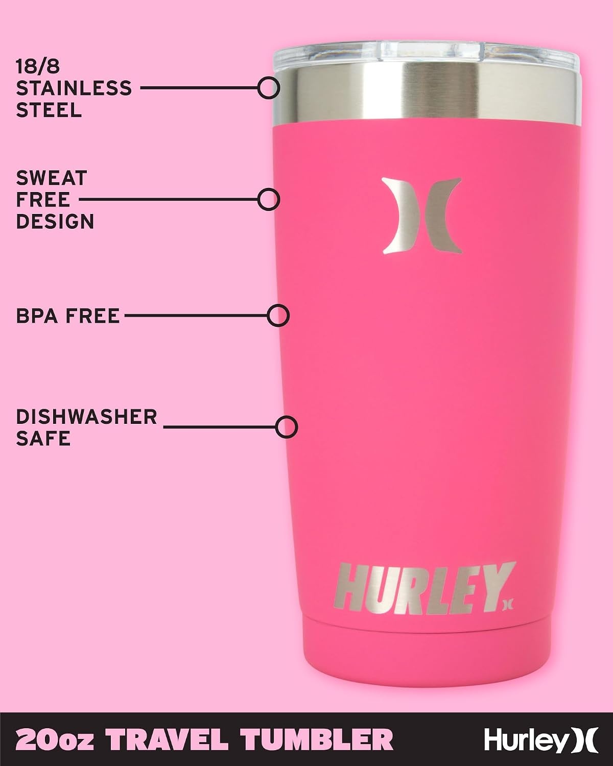 Hurley Tumbler Thermos – 20oz Double Wall Vacuum Insulated Travel Mug – BPA Free Stainless Steel Water Bottle – Leak Proof Hot and Cold Coffee Car Cup, Size 20 oz, Pink