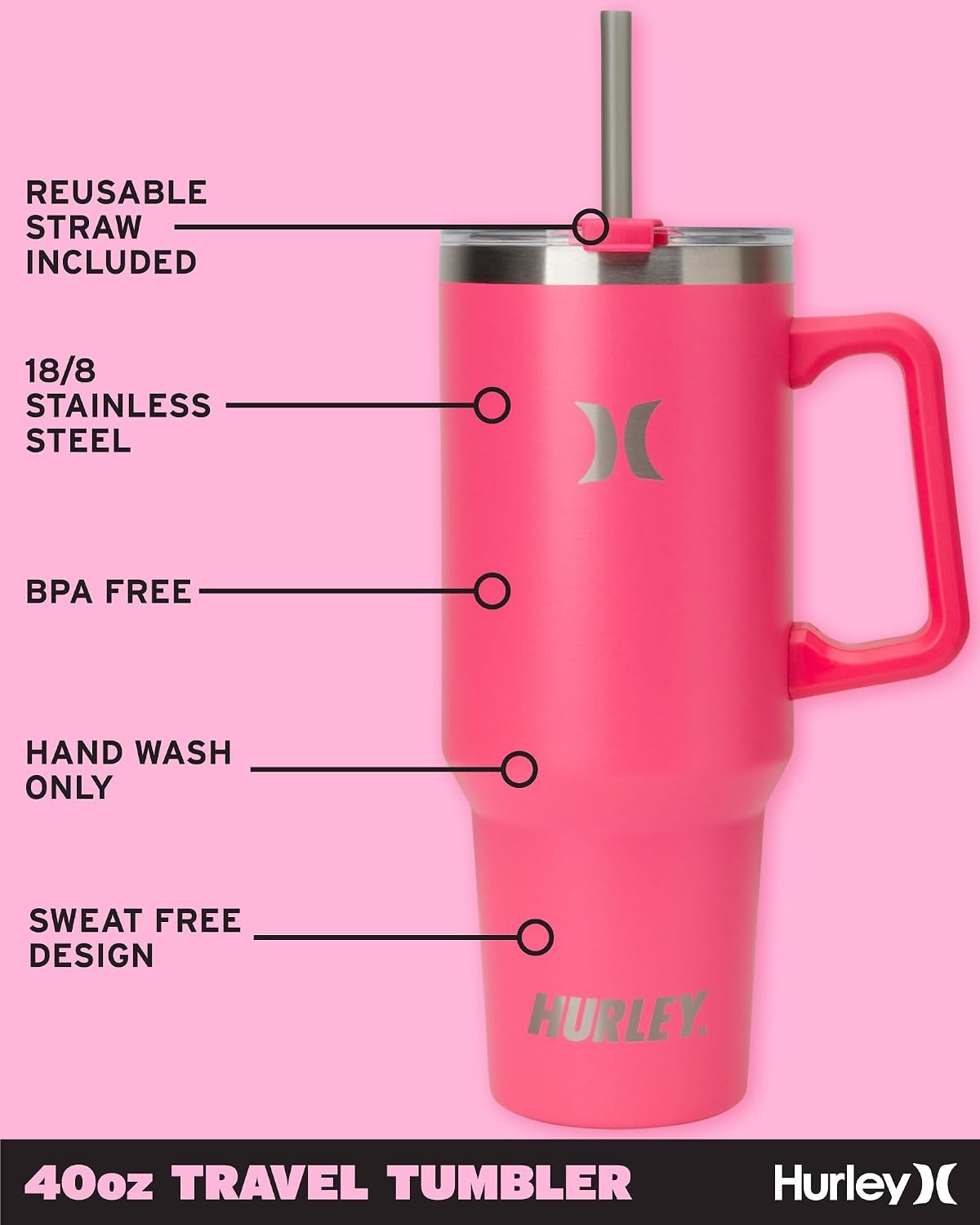 Hurley Tumbler Thermos – 40oz Double Wall Vacuum Insulated Travel Mug with Handle – BPA Free Stainless Steel Water Bottle – Leak Proof Hot and Cold Coffee Car Cup, Size 40 Ounces, Solid Candypop