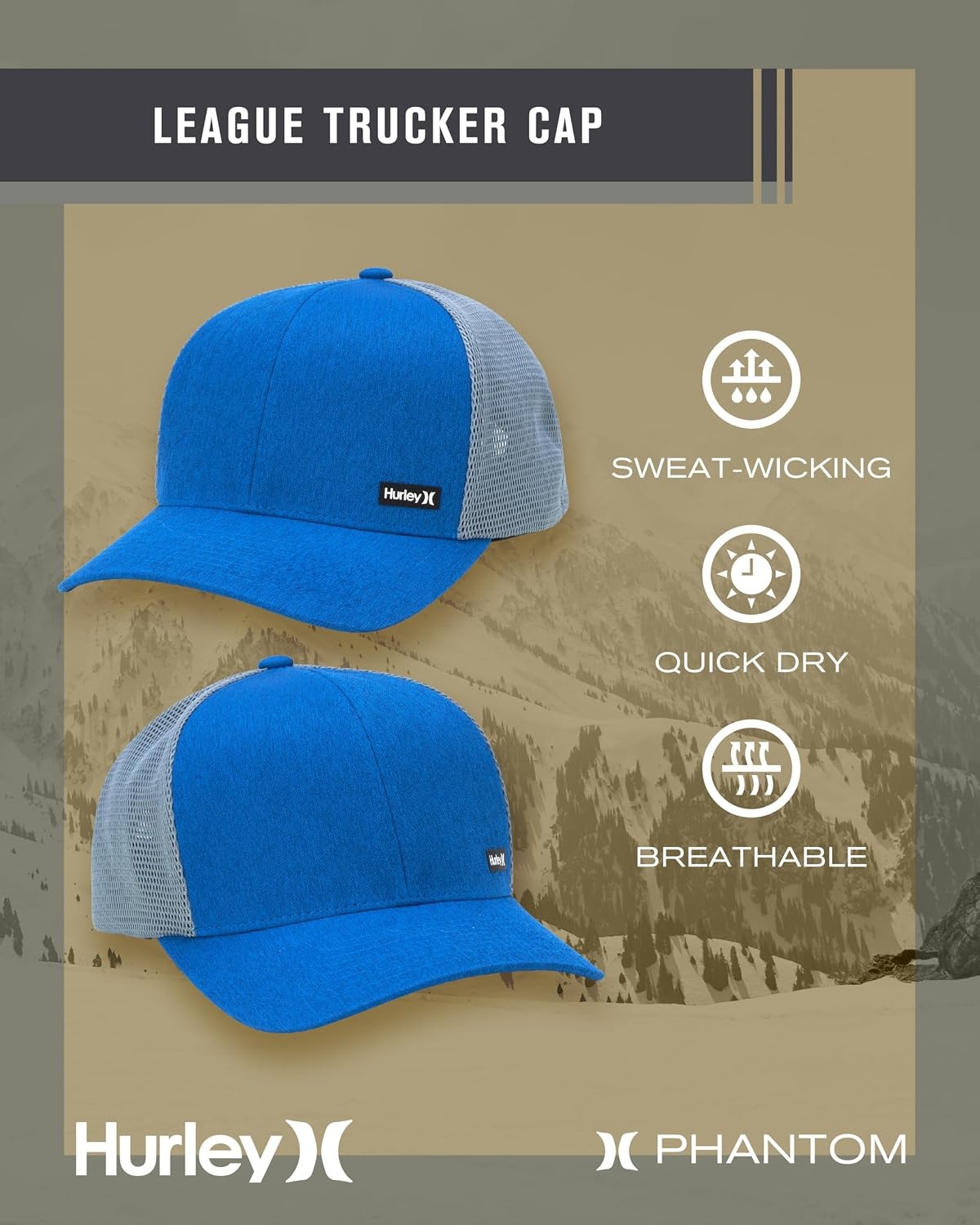 Hurley Men’s Caps – H2O-Dri League Baseball Caps for Men with Snapback Closure – Classic Mens Trucker Hats (S-XL)(Blue Beyond)