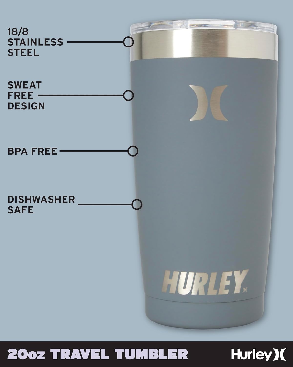 Hurley Tumbler Thermos – 20oz Double Wall Vacuum Insulated Travel Mug – BPA Free Stainless Steel Water Bottle – Leak Proof Hot and Cold Coffee Car Cup, Size 20 oz, Gray