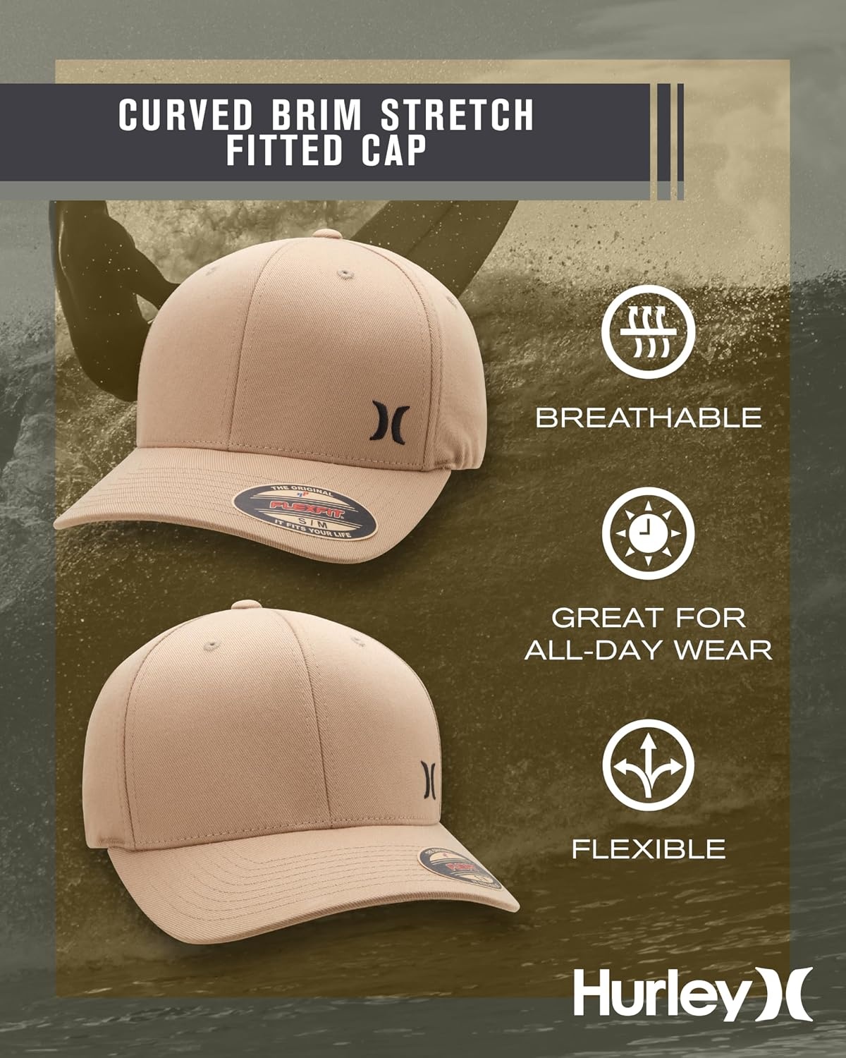 Hurley Men’s Hat – Curved Brim Stretch Fitted Cap(Khaki)
