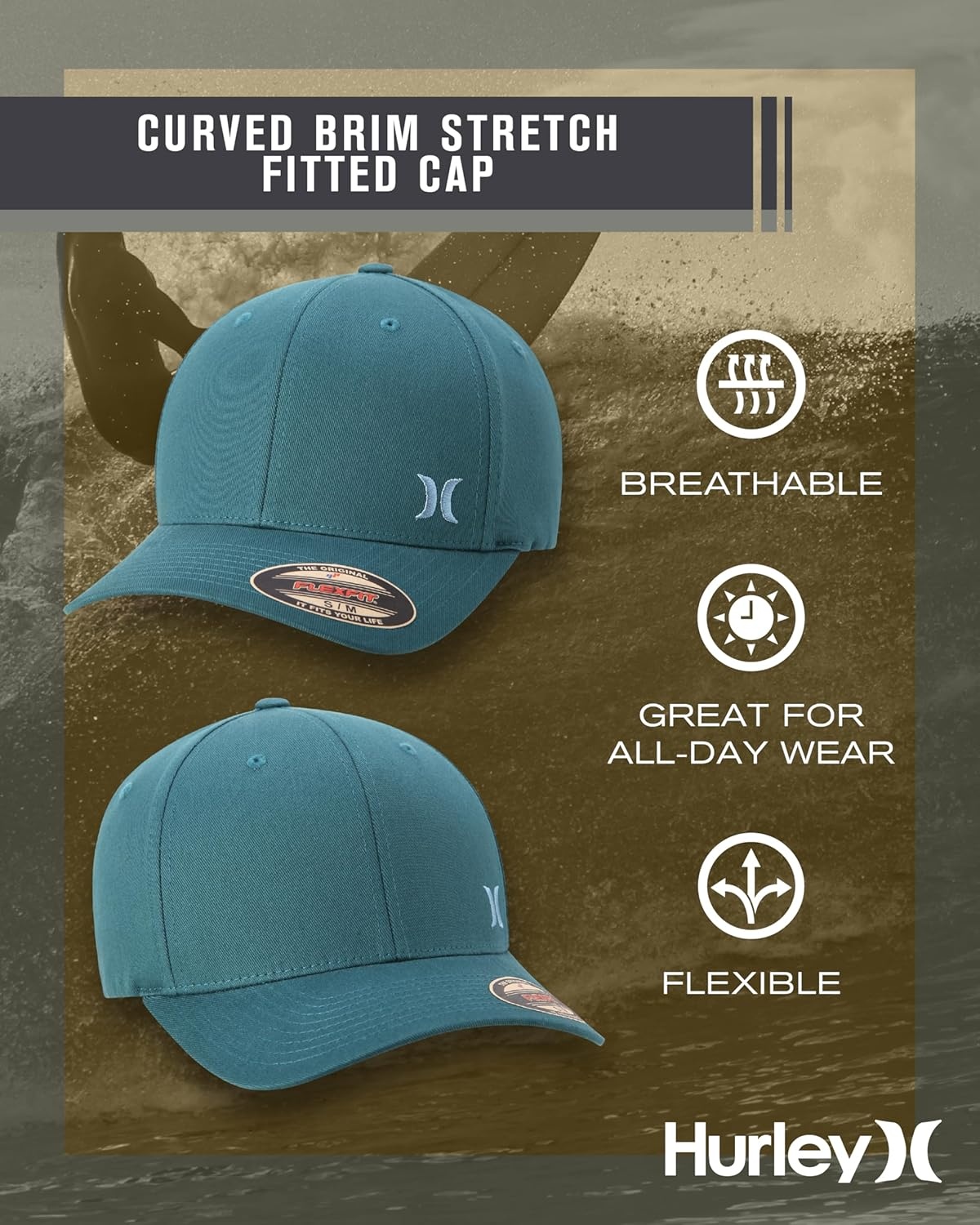Hurley Men’s Hat – Curved Brim Stretch Fitted Cap(Aurora Green)