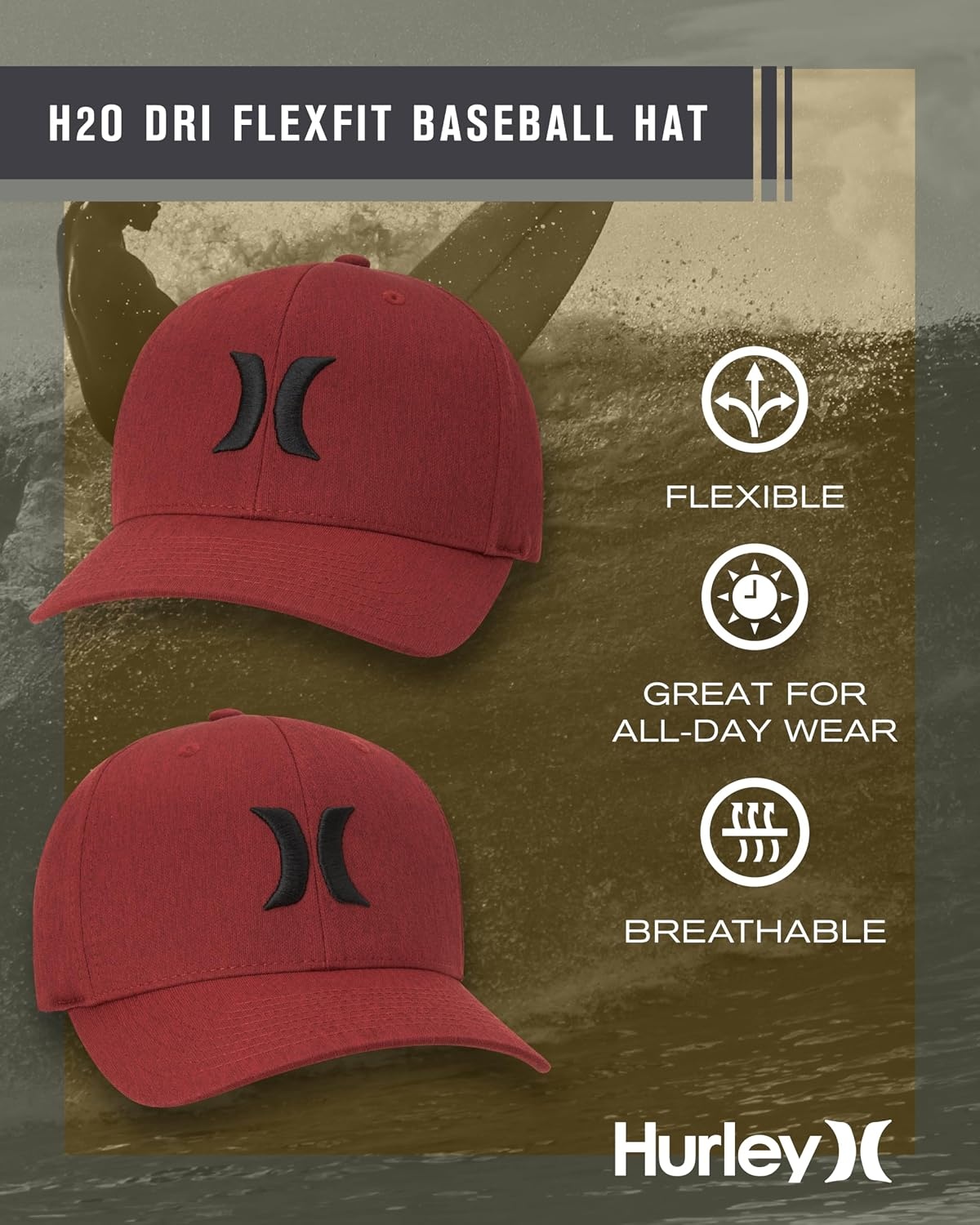 Hurley Mens Baseball Cap – Moisture Wicking Curved Brim Flexfit Fitted Hats for Men with H2O-Dri Sweatband (Sizes: S-XL)(Red)