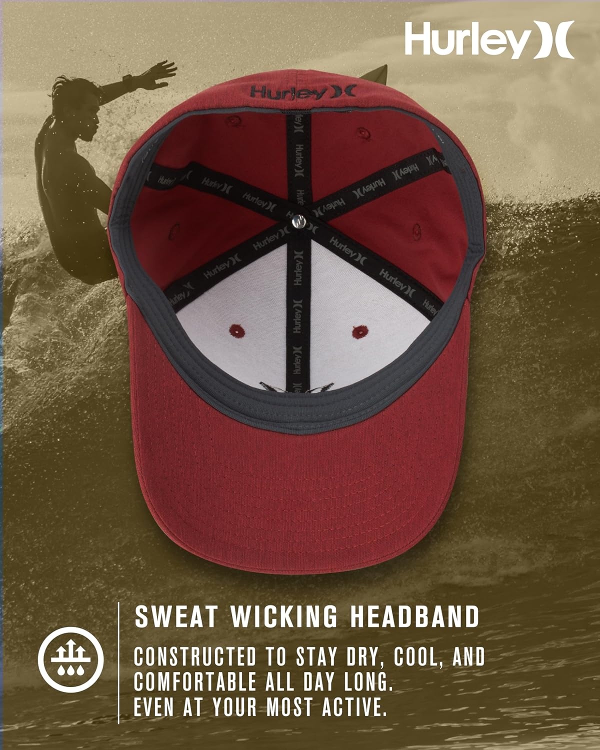 Hurley Mens Baseball Cap – Moisture Wicking Curved Brim Flexfit Fitted Hats for Men with H2O-Dri Sweatband (Sizes: S-XL)(Red)