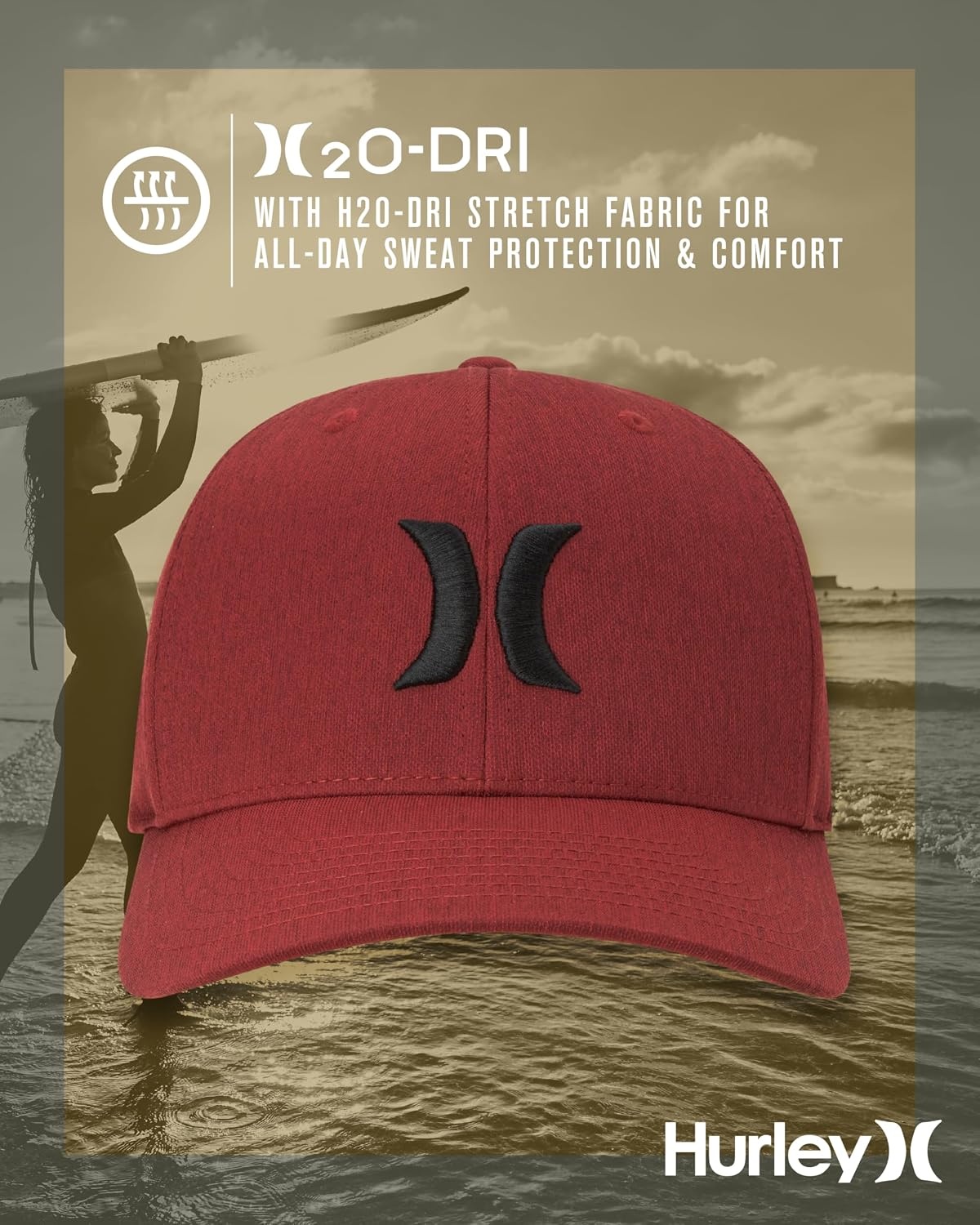 Hurley Mens Baseball Cap – Moisture Wicking Curved Brim Flexfit Fitted Hats for Men with H2O-Dri Sweatband (Sizes: S-XL)(Red)