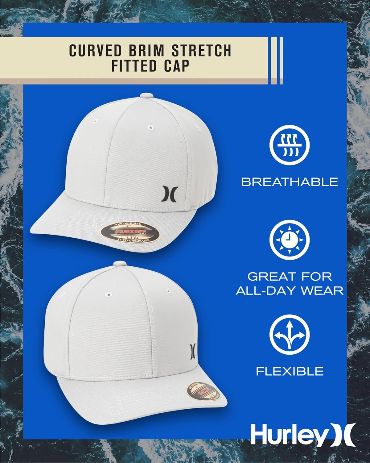 Hurley Men’s Hat – Curved Brim Stretch Fitted Cap(Light Grey)