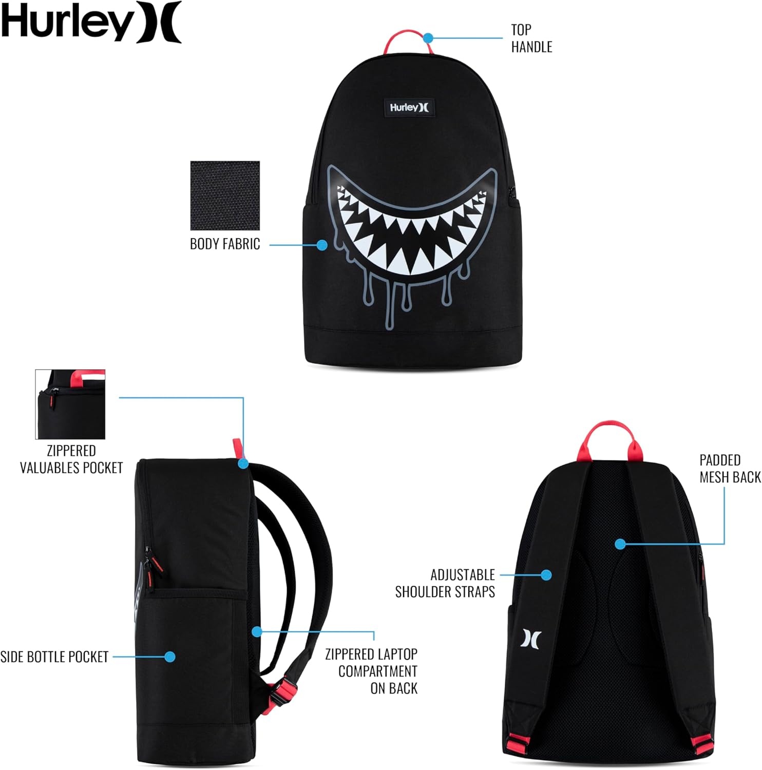 Hurley Unisex-Kids Graphic Backpack, Skeleton, One Size(Blue Lazer/Black)