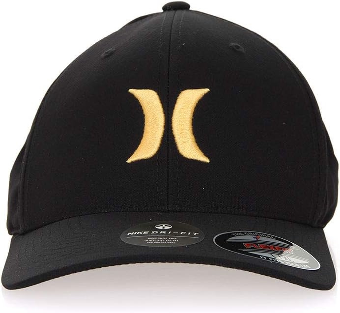 Hurley Mens Baseball Cap – Moisture Wicking Curved Brim Flexfit Fitted Hats for Men with H2O-Dri Sweatband (Sizes: S-XL)(Black/Melon Tint)