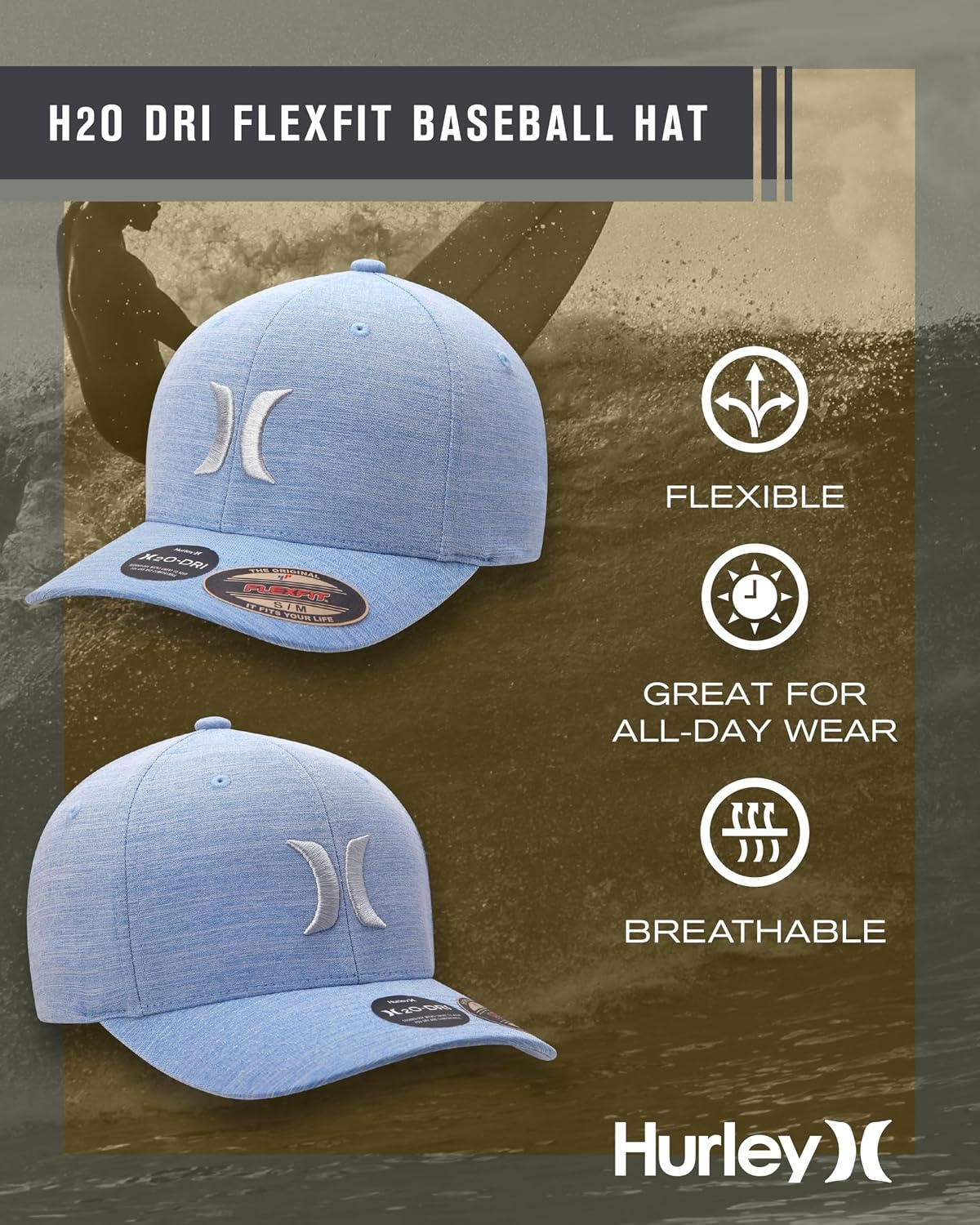 Hurley Mens Baseball Cap – Moisture Wicking Curved Brim Flexfit Fitted Hats for Men with H2O-Dri Sweatband (Sizes: S-XL)(Pacific Blue)