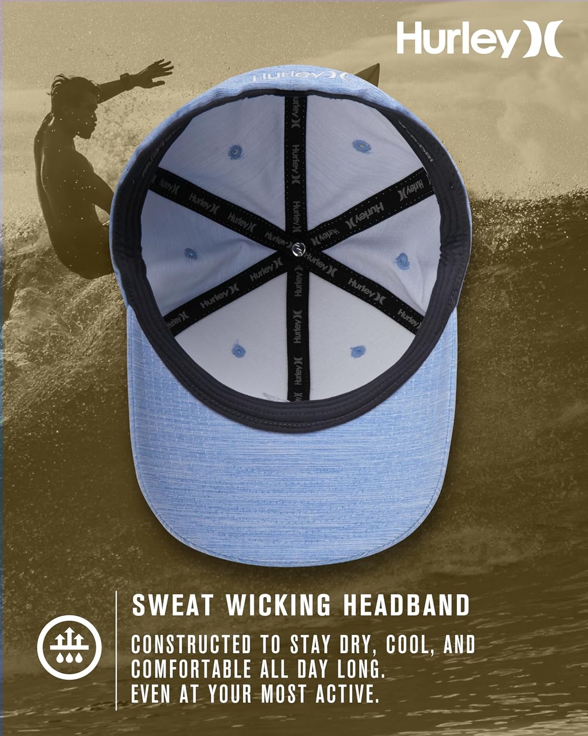 Hurley Mens Baseball Cap – Moisture Wicking Curved Brim Flexfit Fitted Hats for Men with H2O-Dri Sweatband (Sizes: S-XL)(Pacific Blue)