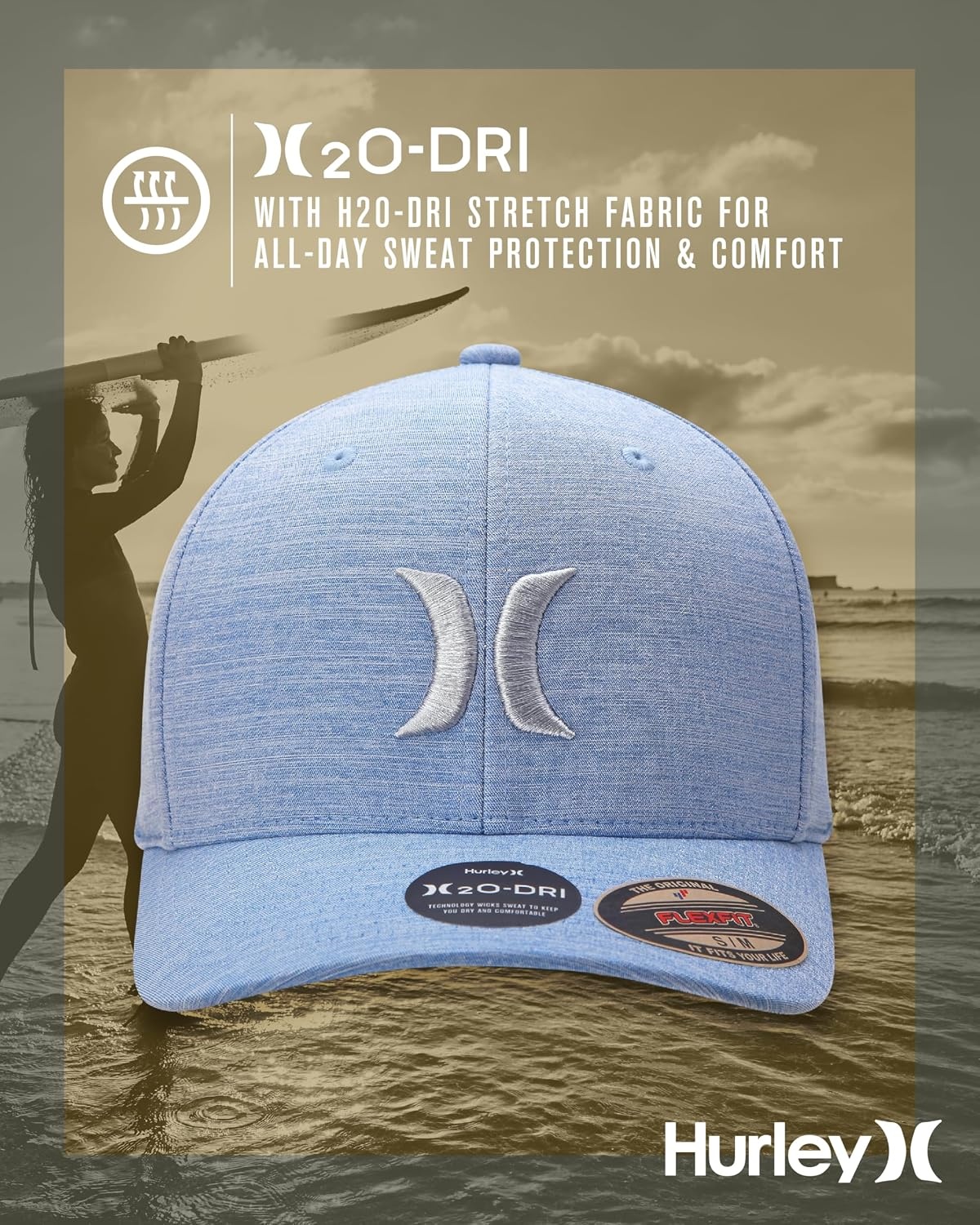 Hurley Mens Baseball Cap – Moisture Wicking Curved Brim Flexfit Fitted Hats for Men with H2O-Dri Sweatband (Sizes: S-XL)(Pacific Blue)