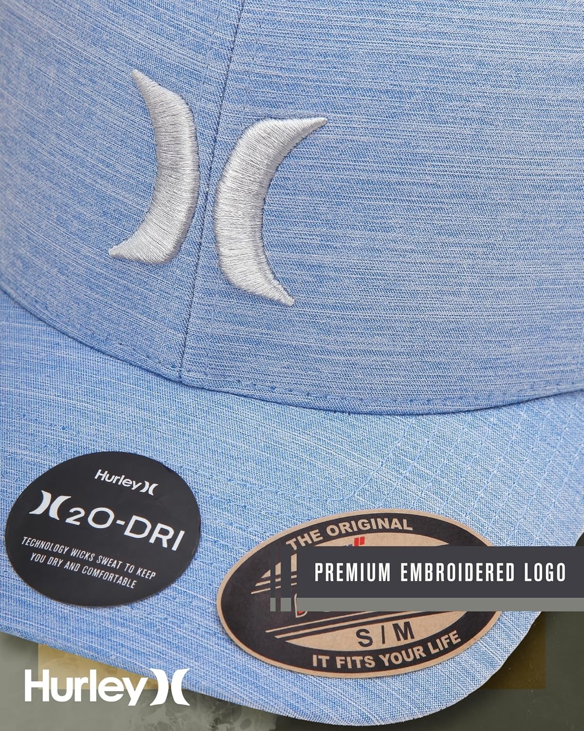 Hurley Mens Baseball Cap – Moisture Wicking Curved Brim Flexfit Fitted Hats for Men with H2O-Dri Sweatband (Sizes: S-XL)(Pacific Blue)