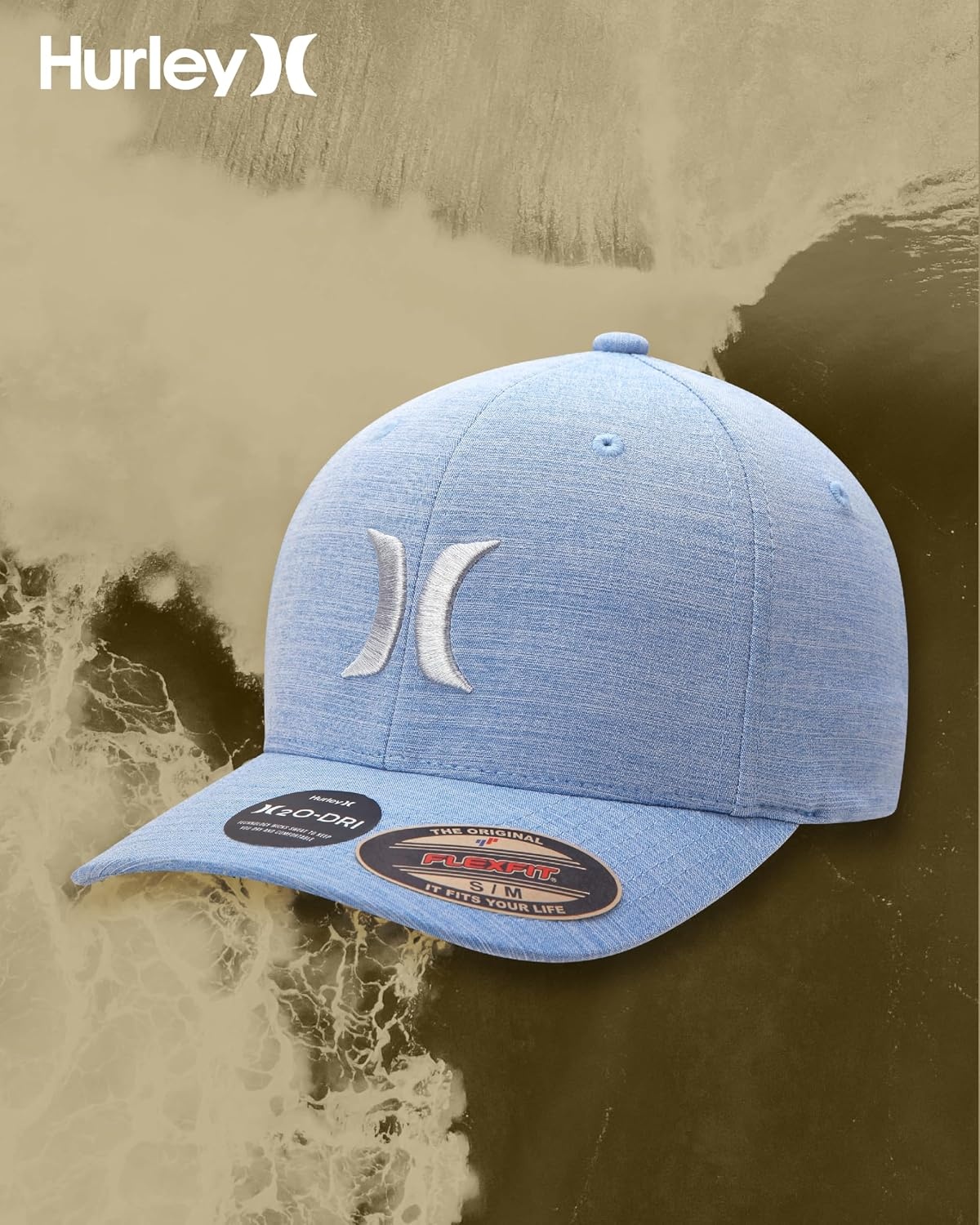 Hurley Mens Baseball Cap – Moisture Wicking Curved Brim Flexfit Fitted Hats for Men with H2O-Dri Sweatband (Sizes: S-XL)(Pacific Blue)