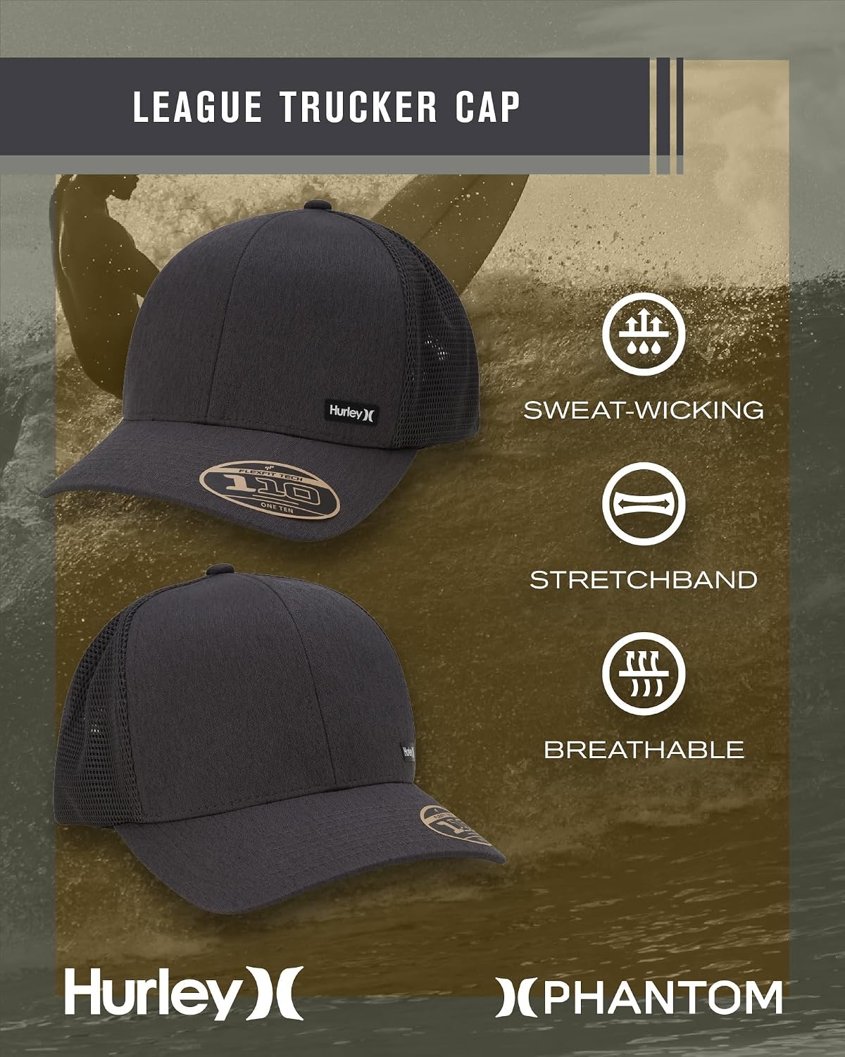 Hurley Men’s Caps – H2O-Dri League Baseball Caps for Men with Snapback Closure – Classic Mens Trucker Hats (S-XL)(Dark Smoke Grey)