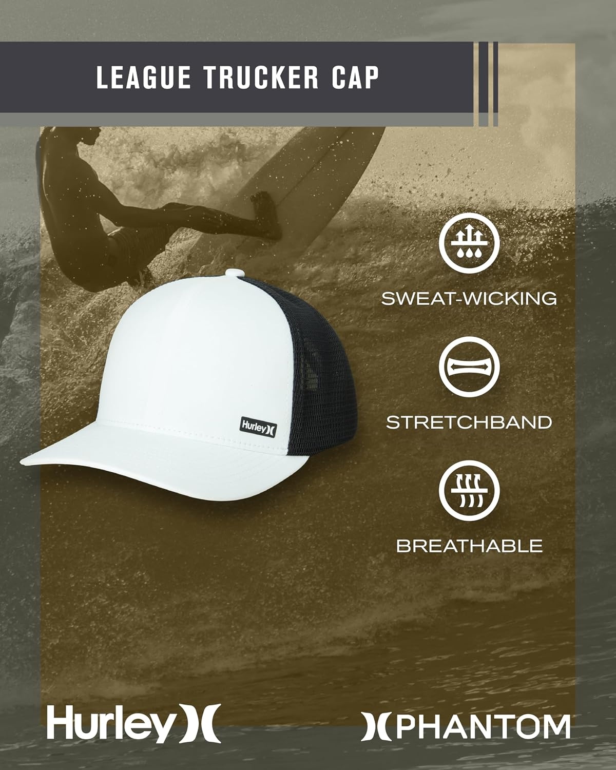 Hurley Men’s Caps – H2O-Dri League Baseball Caps for Men with Snapback Closure – Classic Mens Trucker Hats (S-XL)(White)