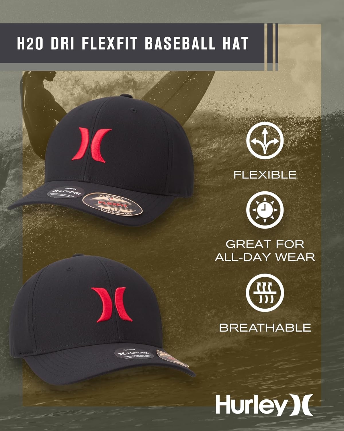 Hurley Mens Baseball Cap – Moisture Wicking Curved Brim Flexfit Fitted Hats for Men with H2O-Dri Sweatband (Sizes: S-XL)(Black/Red)