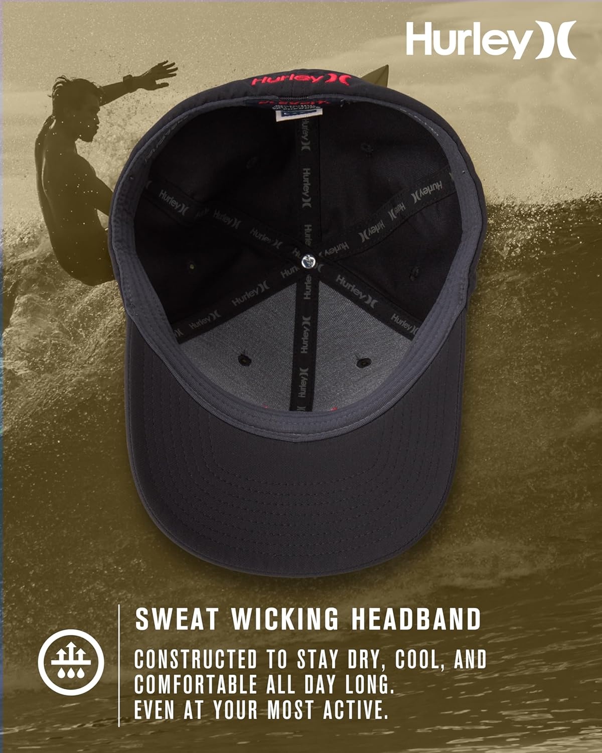 Hurley Mens Baseball Cap – Moisture Wicking Curved Brim Flexfit Fitted Hats for Men with H2O-Dri Sweatband (Sizes: S-XL)(Black/Red)
