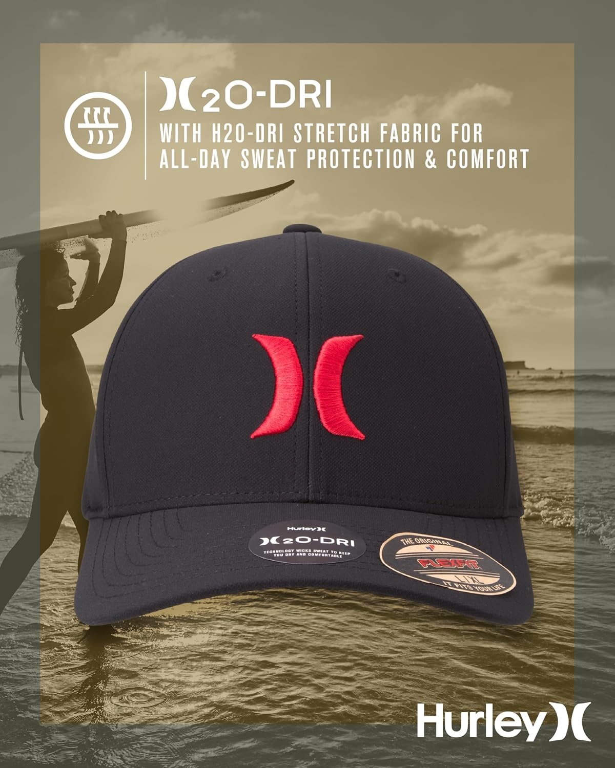 Hurley Mens Baseball Cap – Moisture Wicking Curved Brim Flexfit Fitted Hats for Men with H2O-Dri Sweatband (Sizes: S-XL)(Black/Red)