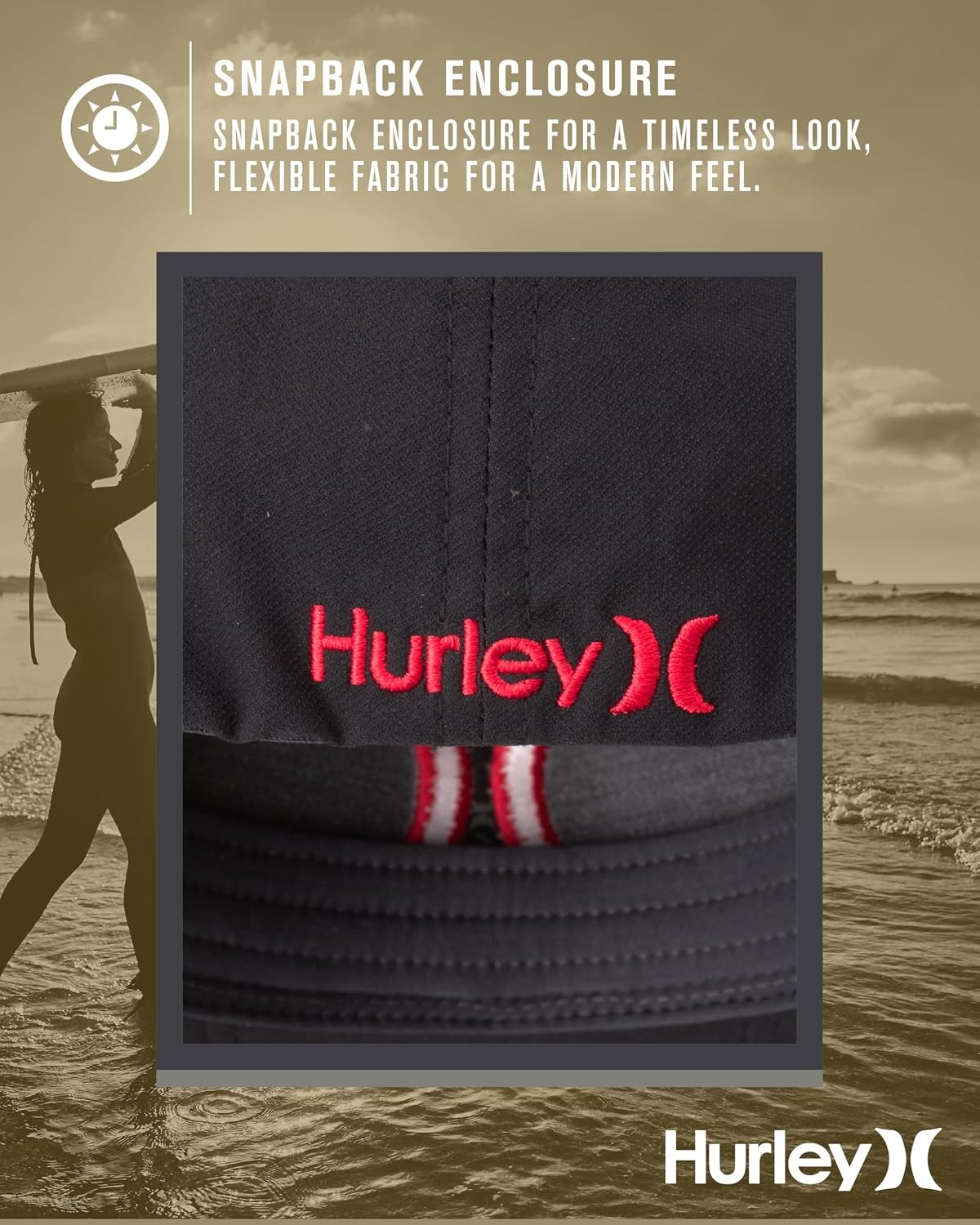 Hurley Mens Baseball Cap – Moisture Wicking Curved Brim Flexfit Fitted Hats for Men with H2O-Dri Sweatband (Sizes: S-XL)(Black/Red)