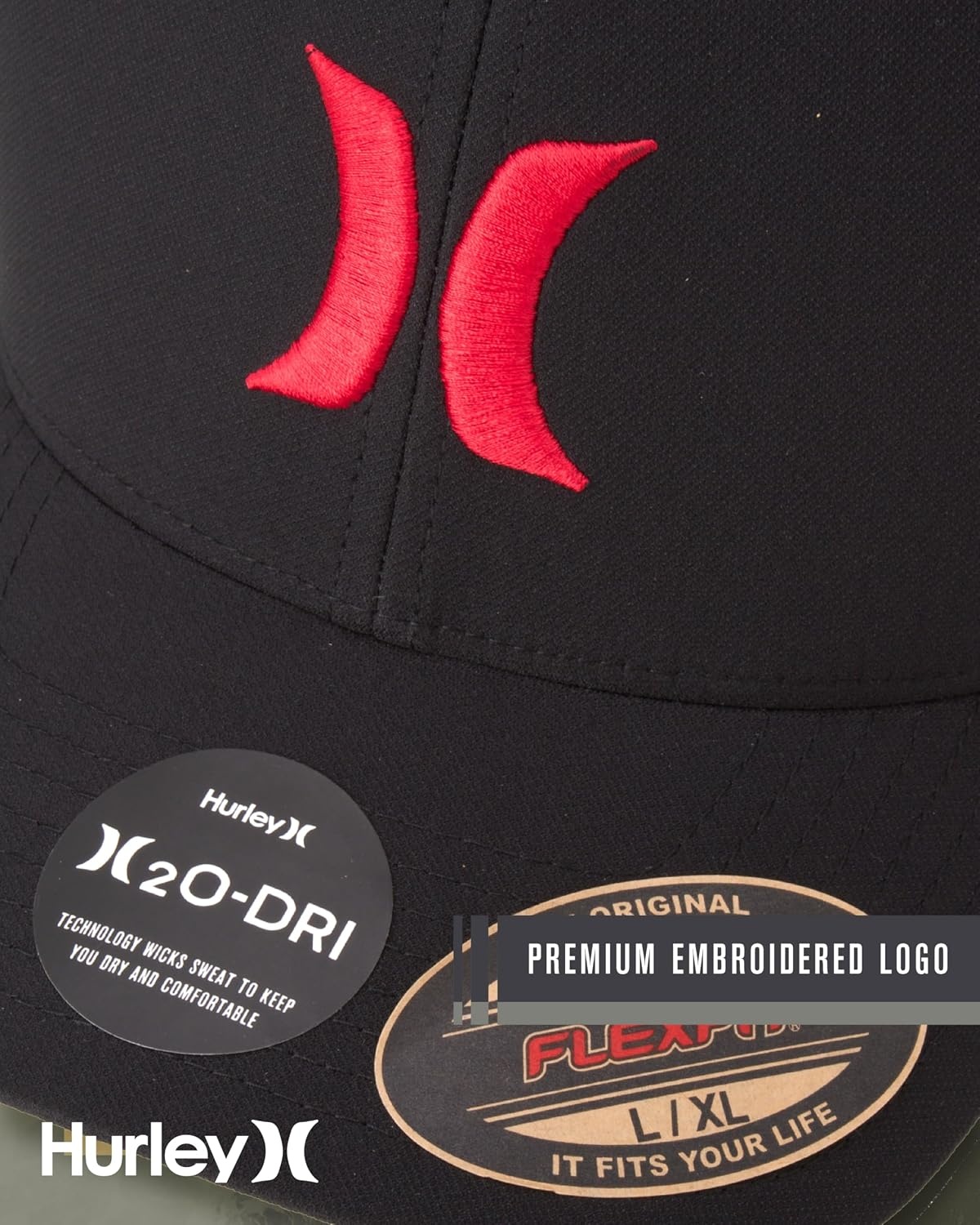 Hurley Mens Baseball Cap – Moisture Wicking Curved Brim Flexfit Fitted Hats for Men with H2O-Dri Sweatband (Sizes: S-XL)(Black/Red)