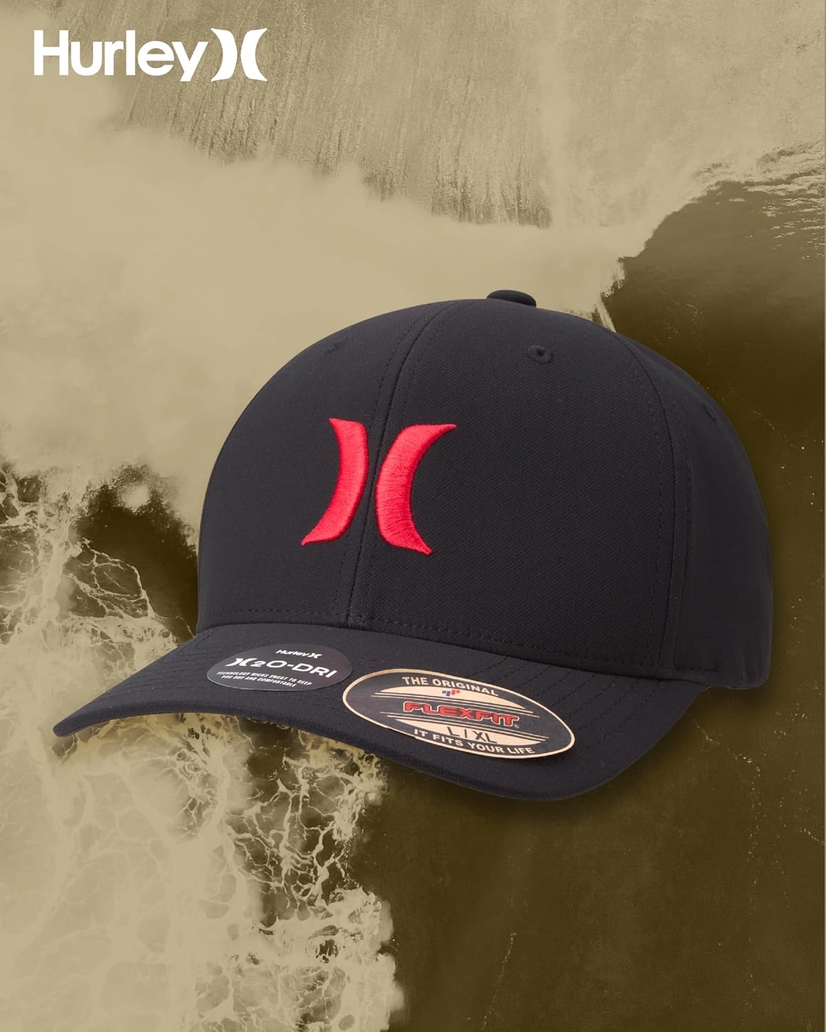 Hurley Mens Baseball Cap – Moisture Wicking Curved Brim Flexfit Fitted Hats for Men with H2O-Dri Sweatband (Sizes: S-XL)(Black/Red)