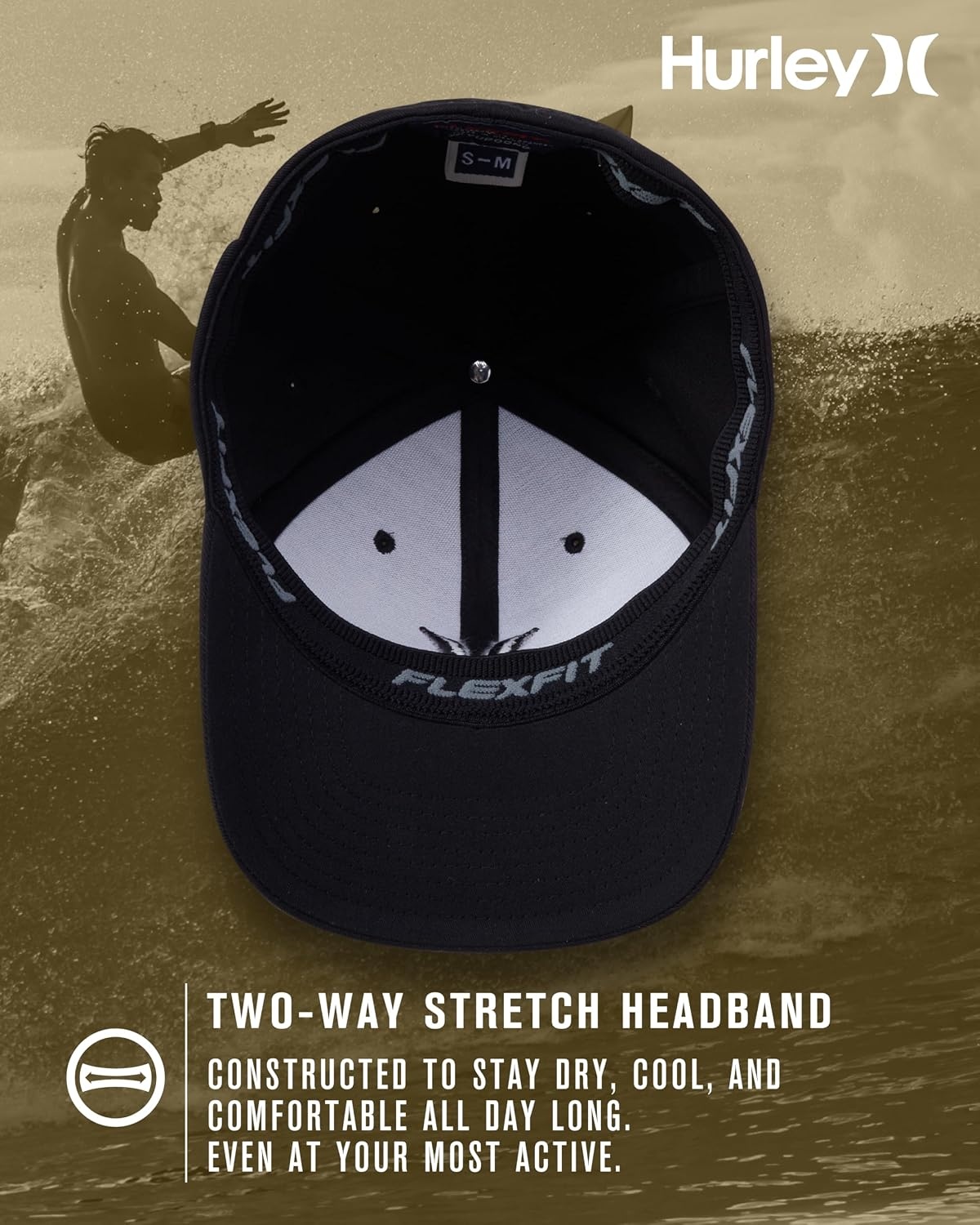 Hurley Mens Baseball Cap – Moisture Wicking Quick Dry Textured Fitted Hats for Men with Curved Brim(Black/(Black))