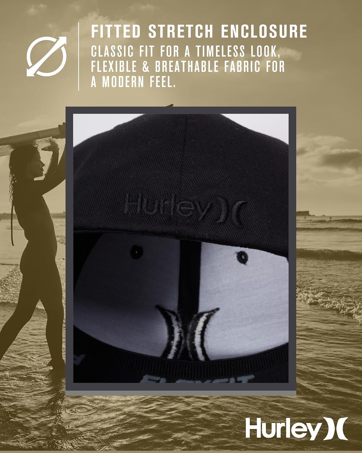 Hurley Mens Baseball Cap – Moisture Wicking Quick Dry Textured Fitted Hats for Men with Curved Brim(Black/(Black))