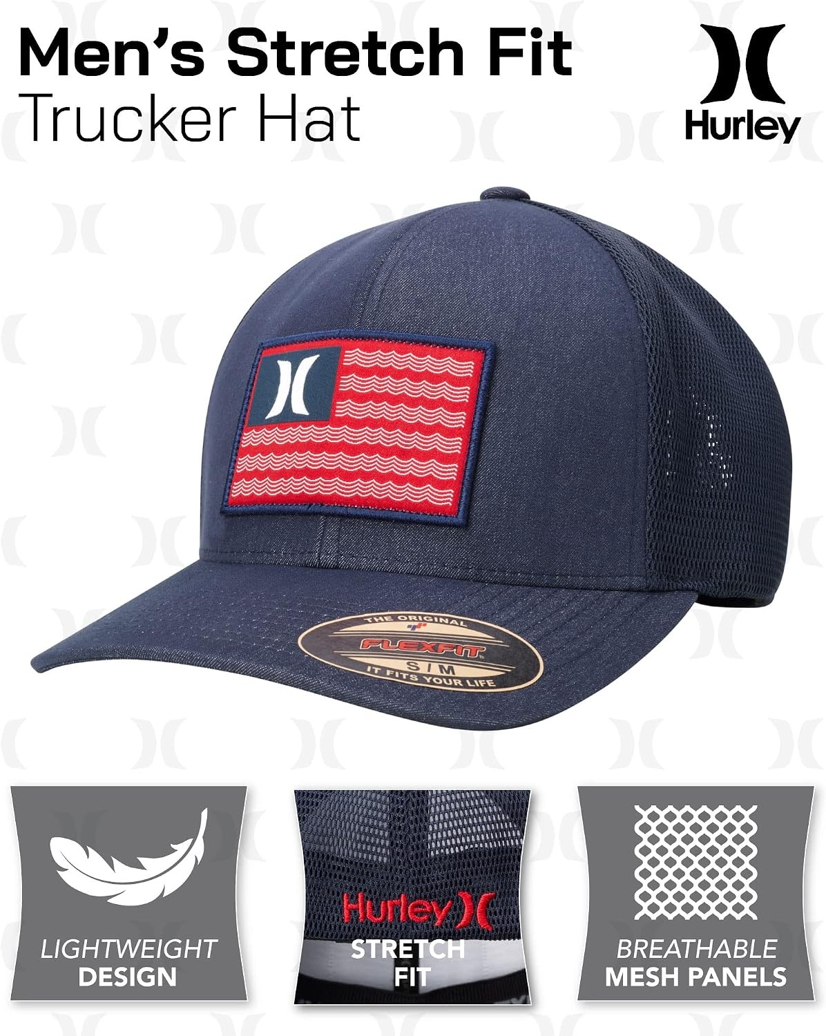 Hurley Men’s Hat – Icon Flag Mesh Stretch Fitted Trucker Cap(Navy)