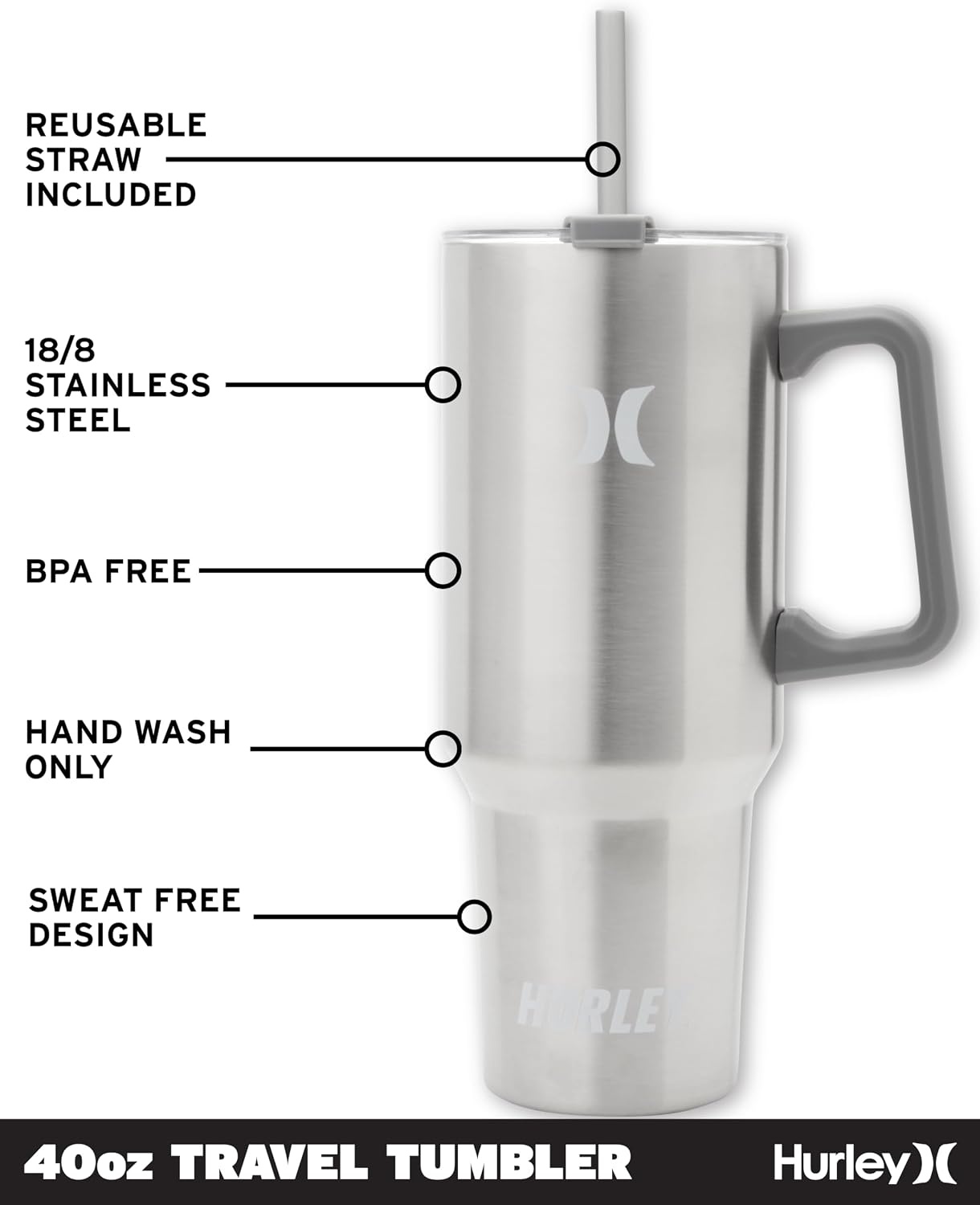 Hurley Tumbler Thermos – 40oz Double Wall Vacuum Insulated Travel Mug with Handle – BPA Free Stainless Steel Water Bottle – Leak Proof Hot and Cold Coffee Car Cup, Size 40 Ounces, Silver