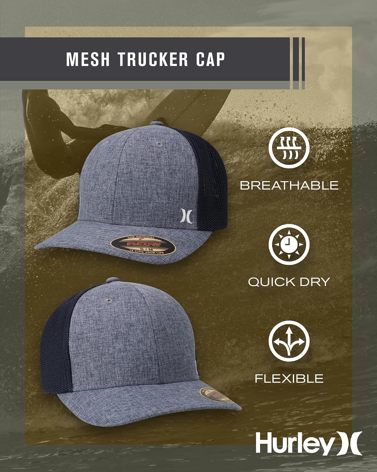 Hurley Men’s Caps – Mini Icon Mesh Panel Baseball Cap – Fitted Hats for Men(Obsidian)