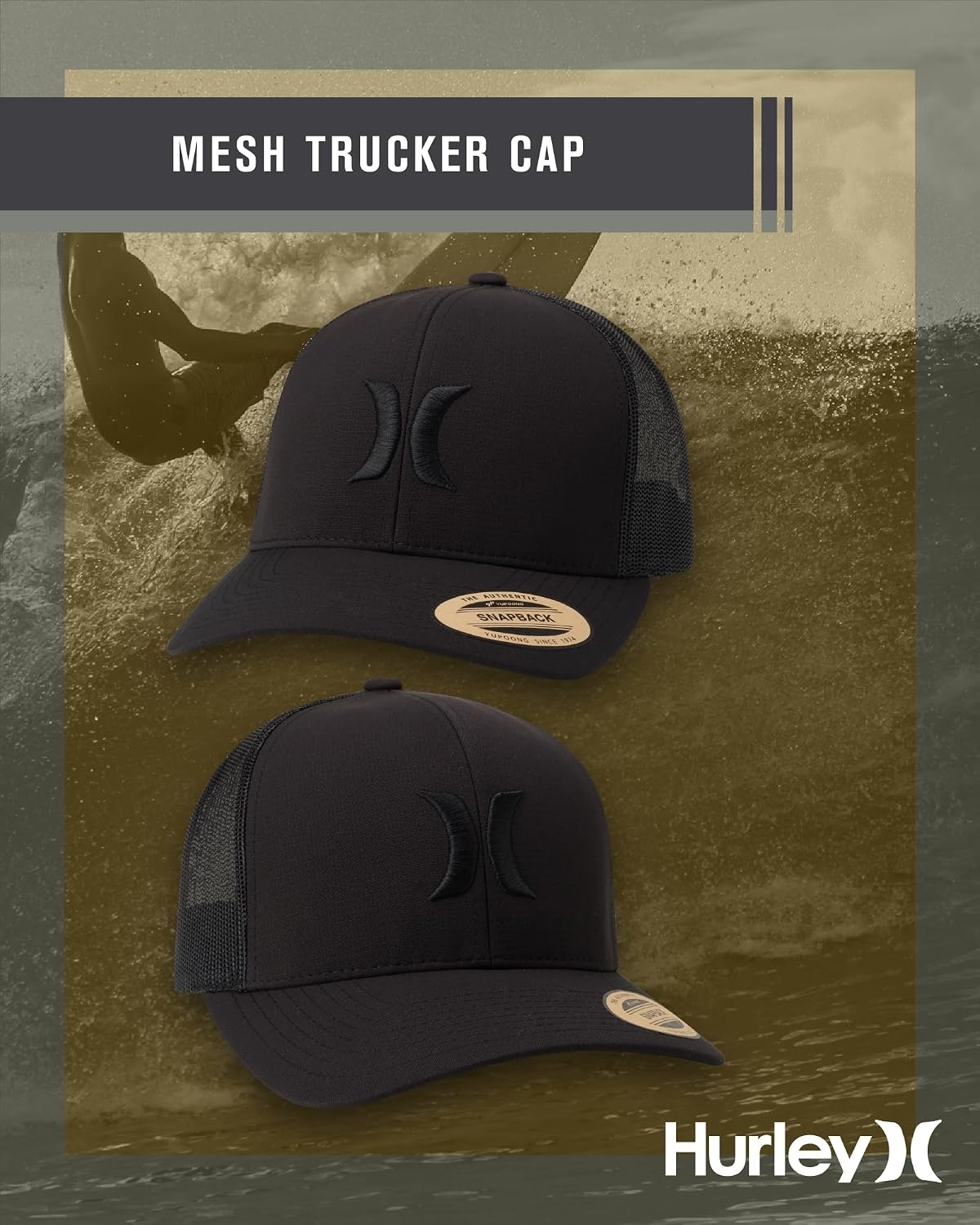 Hurley Mens Caps – Del Mar Mesh Panel Baseball Cap Trucker Hat – Snap Back Hats for Men(Black)