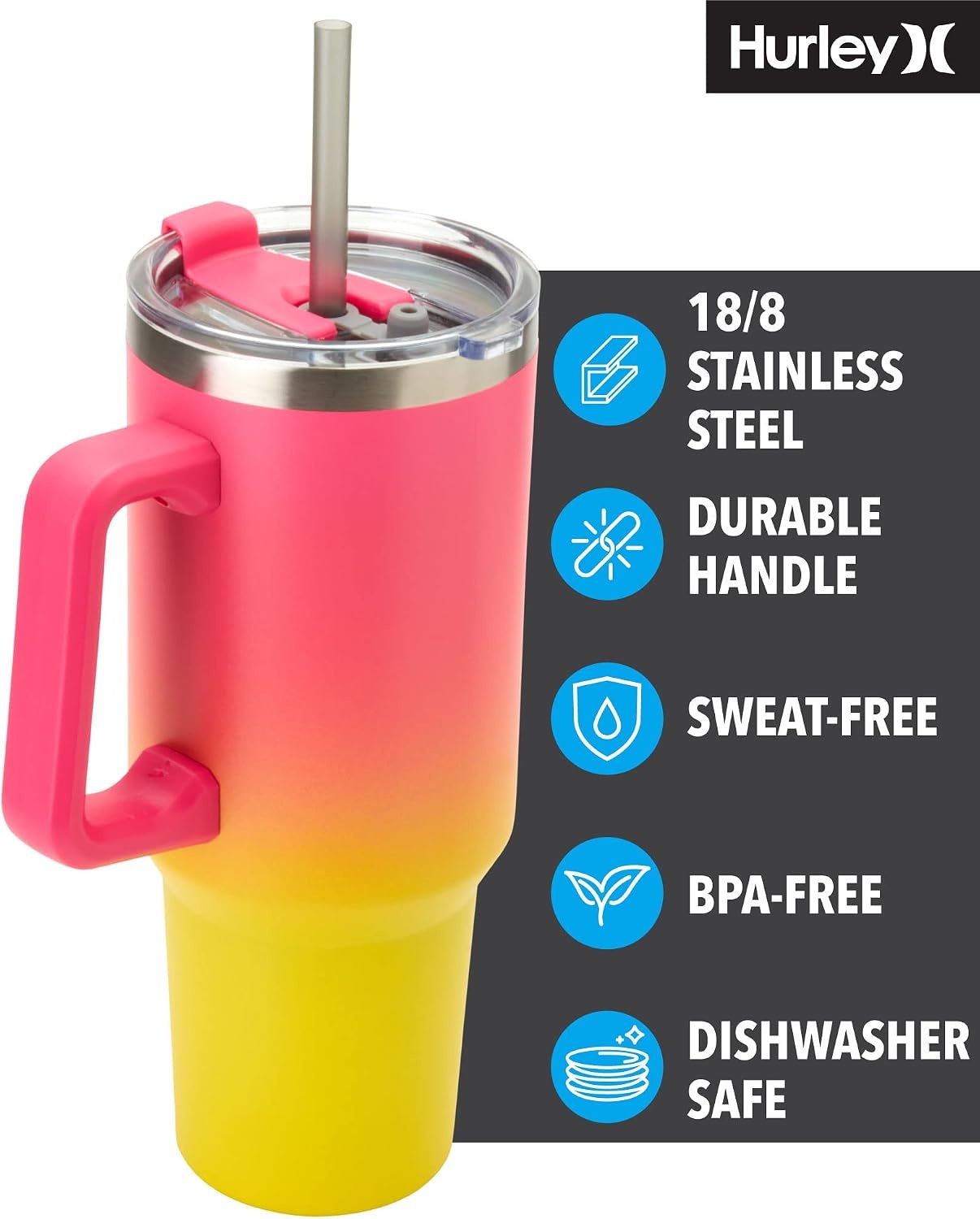 Hurley Tumbler Thermos – 40oz Double Wall Vacuum Insulated Travel Mug with Handle – BPA Free Stainless Steel Water Bottle – Leak Proof Hot and Cold Coffee Car Cup, Size 40 Ounces, Pink Yellow Gradient