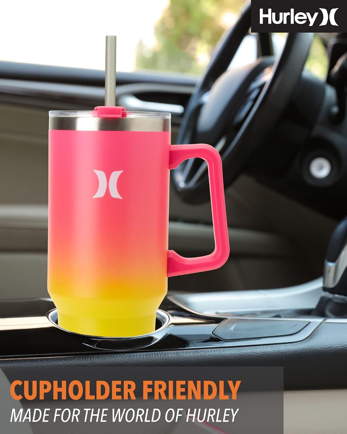Hurley Tumbler Thermos – 40oz Double Wall Vacuum Insulated Travel Mug with Handle – BPA Free Stainless Steel Water Bottle – Leak Proof Hot and Cold Coffee Car Cup, Size 40 Ounces, Pink Yellow Gradient