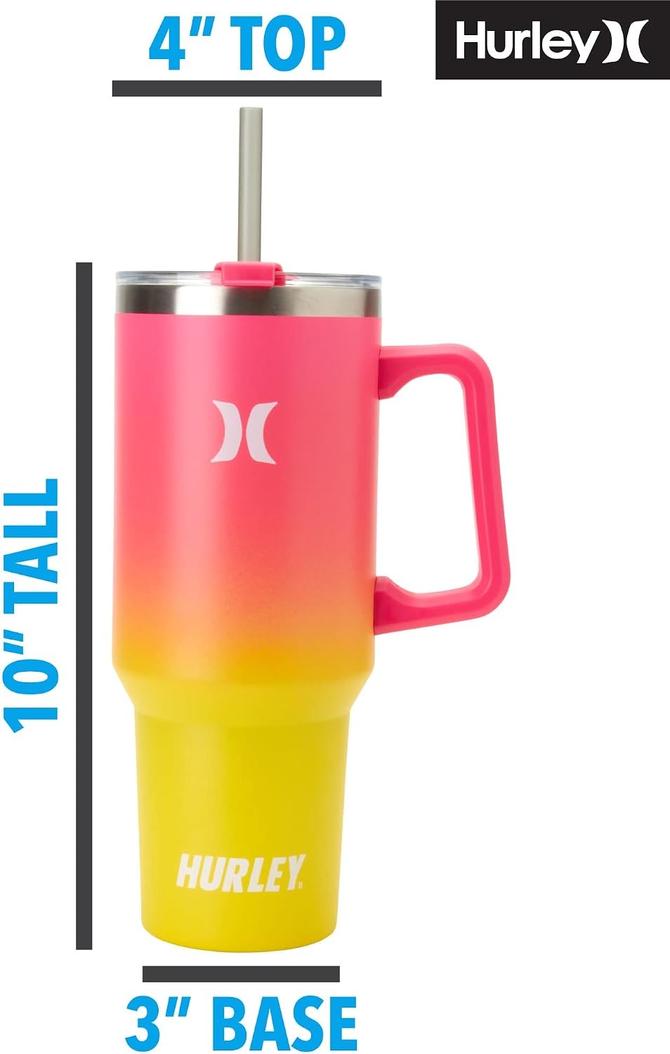 Hurley Tumbler Thermos – 40oz Double Wall Vacuum Insulated Travel Mug with Handle – BPA Free Stainless Steel Water Bottle – Leak Proof Hot and Cold Coffee Car Cup, Size 40 Ounces, Pink Yellow Gradient