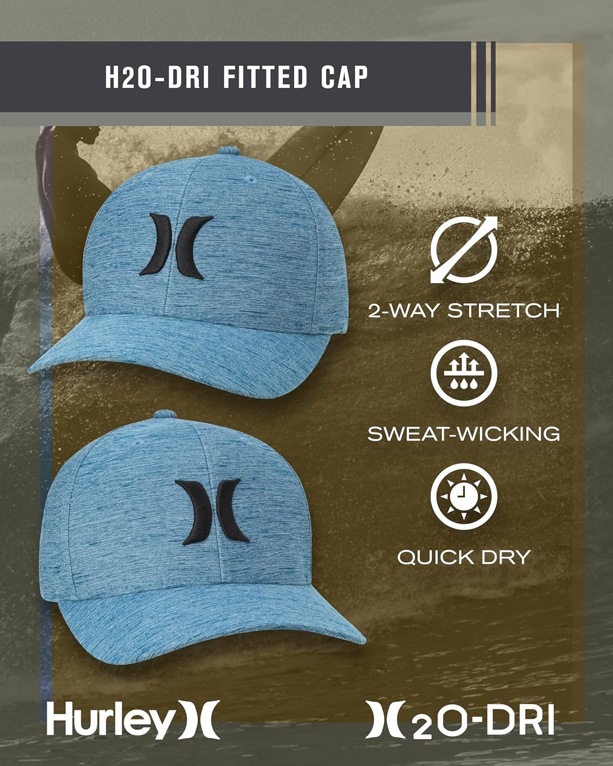 Hurley Men’s Baseball Cap – Lightweight Curved Bill H2O Dri Fitted Caps for Men(Valerian Blue)