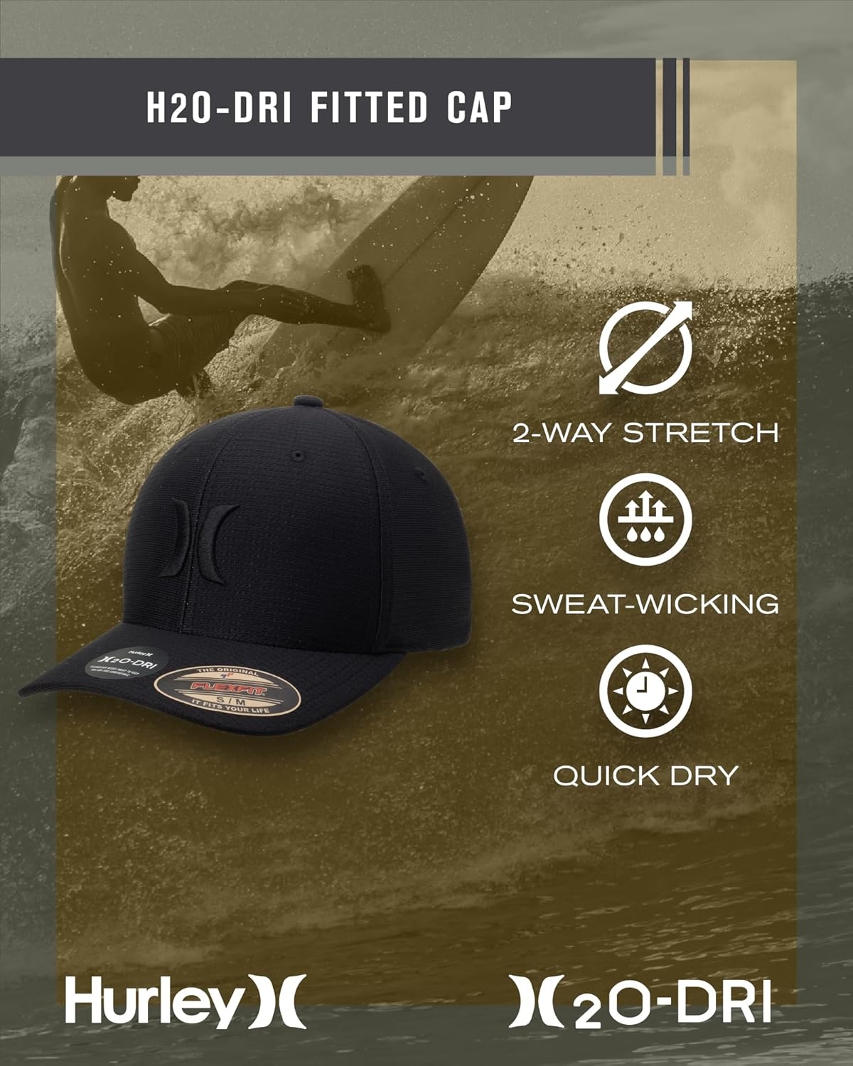 Hurley Men’s Baseball Cap – Lightweight Curved Bill H2O Dri Fitted Caps for Men(Black)