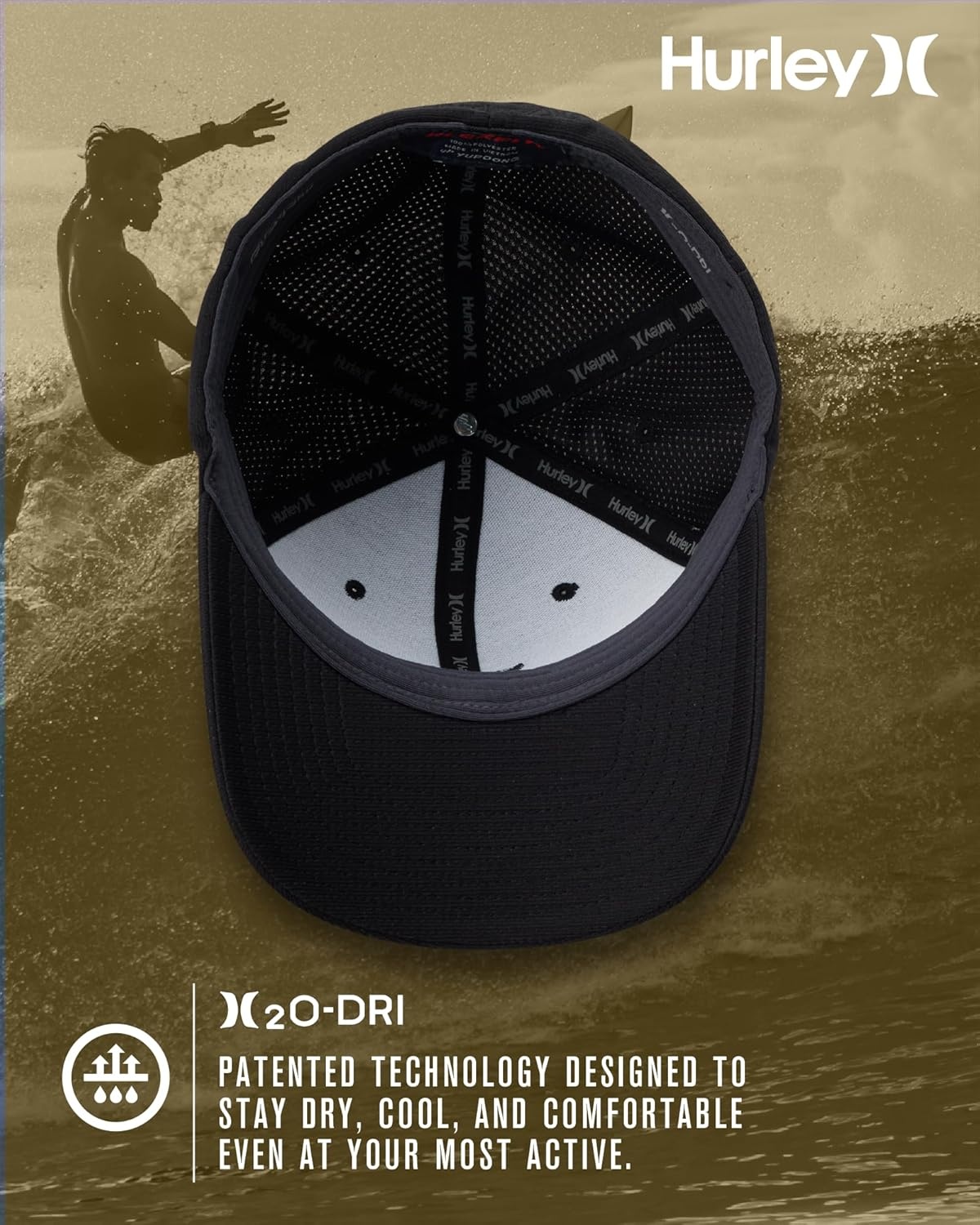 Hurley Men’s Baseball Cap – Lightweight Curved Bill H2O Dri Fitted Caps for Men(Black)