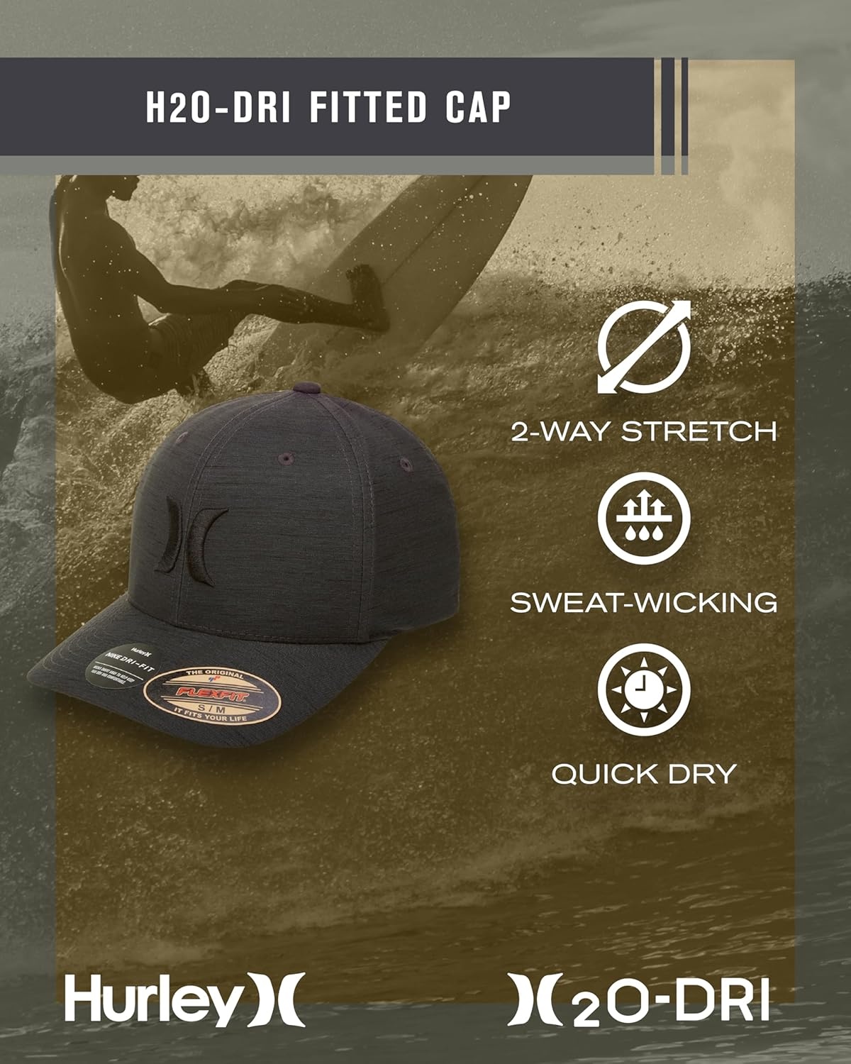 Hurley Men’s Baseball Cap – Lightweight Curved Bill H2O Dri Fitted Caps for Men(Black Heather)