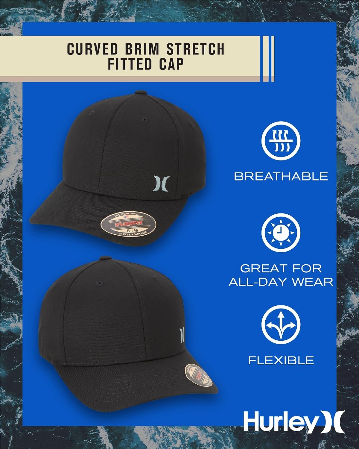 Hurley Men’s Hat – Curved Brim Stretch Fitted Cap(Black)