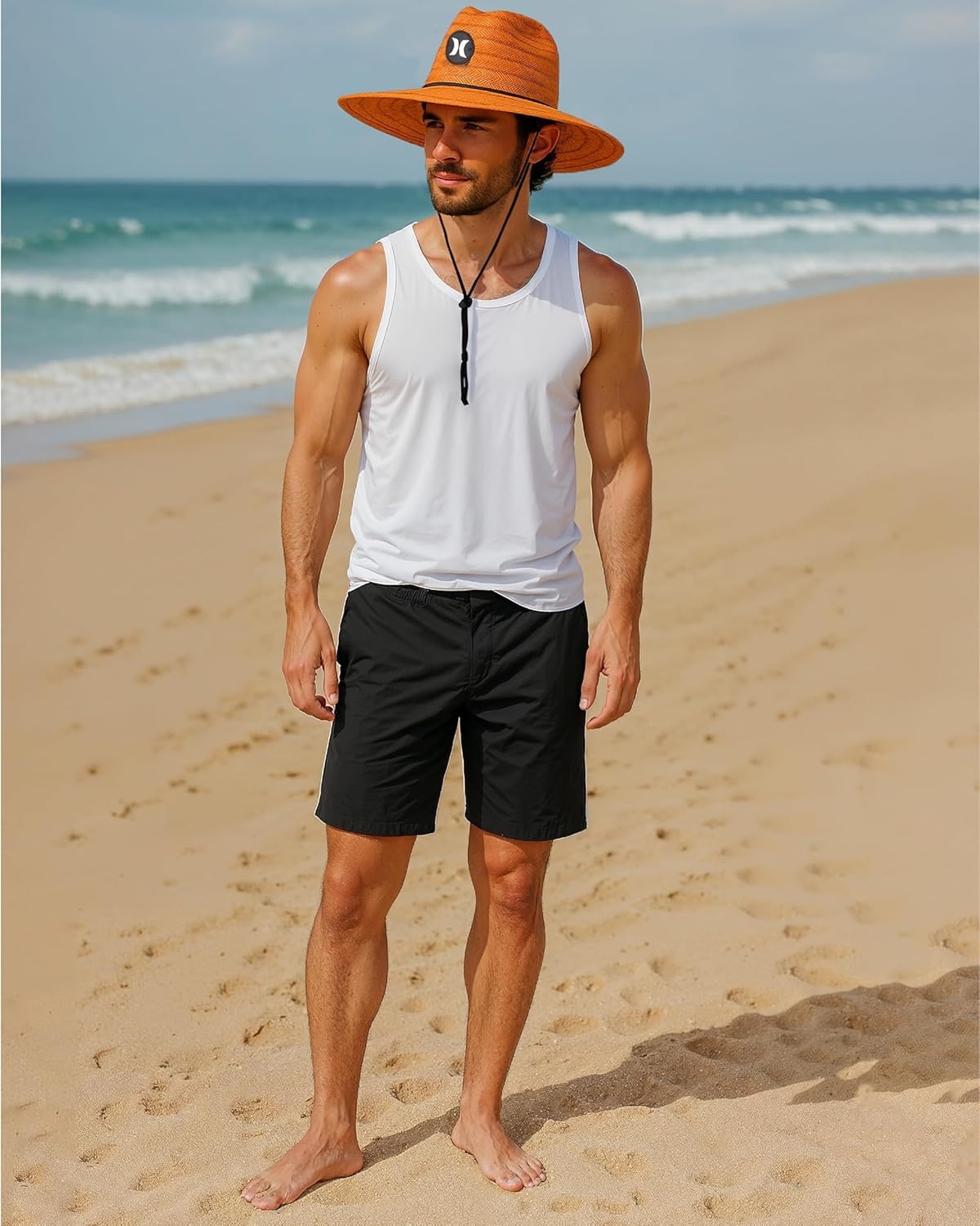 Hurley Men’s Straw Hat – Weekender Natural Straw Hat with Medium Brim and Chin Strap – Beach Fishing Sun Hats for Men(Brown)