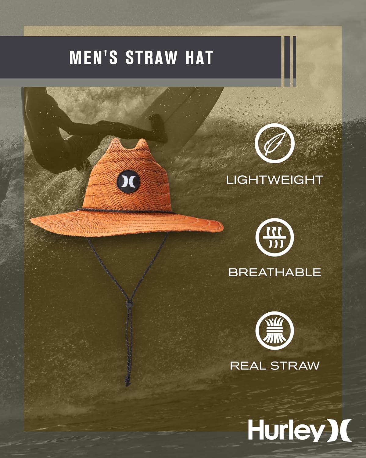 Hurley Men’s Straw Hat – Weekender Natural Straw Hat with Medium Brim and Chin Strap – Beach Fishing Sun Hats for Men(Brown)