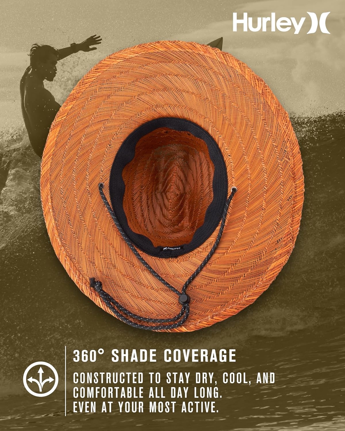 Hurley Men’s Straw Hat – Weekender Natural Straw Hat with Medium Brim and Chin Strap – Beach Fishing Sun Hats for Men(Brown)