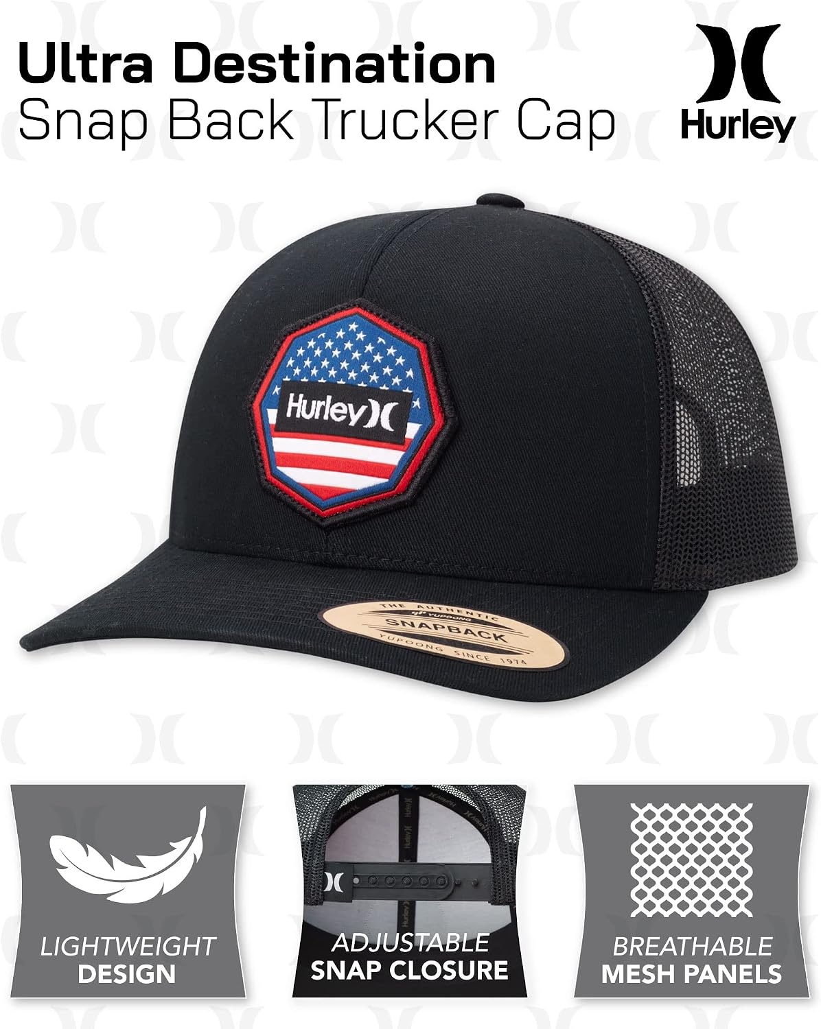 Hurley Men’s Trucker Hat – Flat Brim Mesh Baseball Cap and Hats for Men with Adjustable Snapback Closure(Black)