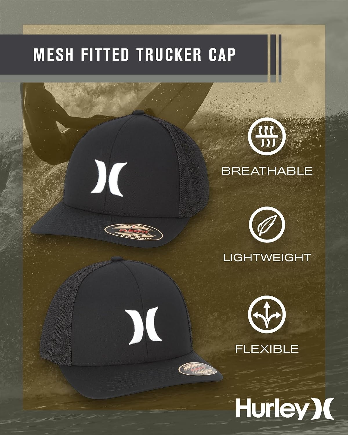 Hurley Mens Baseball Cap – Laguna Icon Mesh Stretch Trucker Hat with Curved Brim – Lightweight Breathable Fitted Hats for Men(Black/White Logo)
