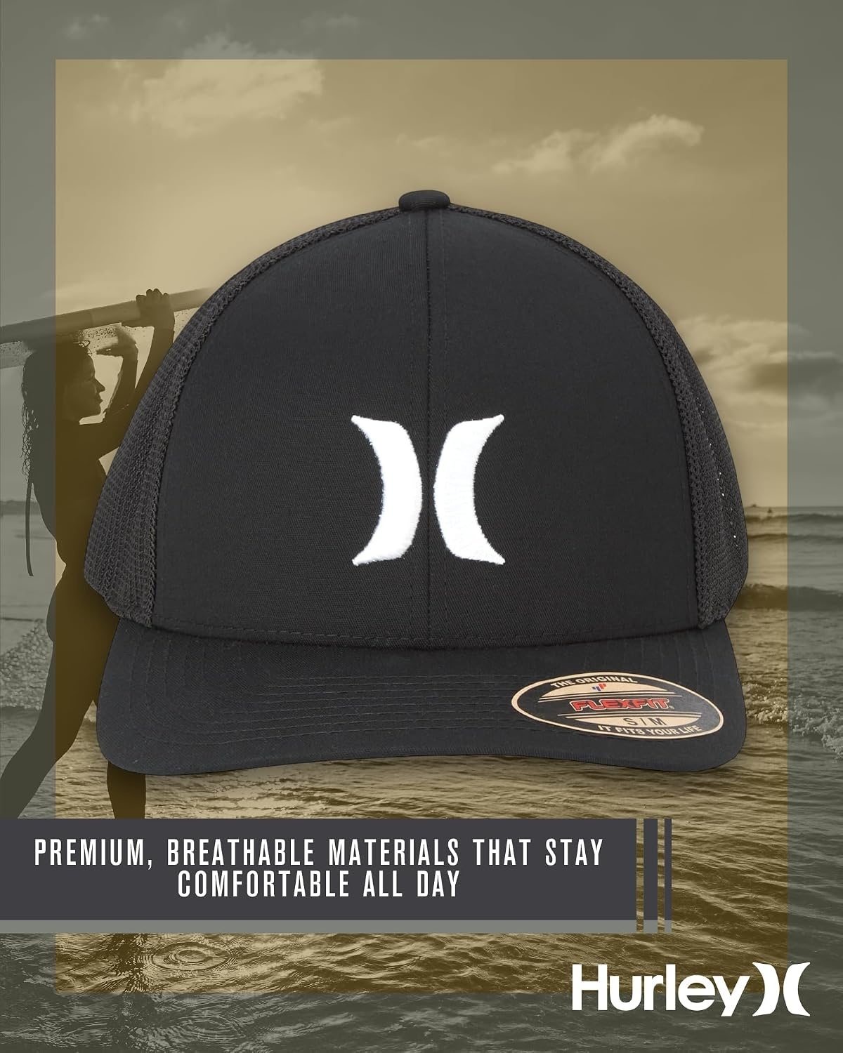 Hurley Mens Baseball Cap – Laguna Icon Mesh Stretch Trucker Hat with Curved Brim – Lightweight Breathable Fitted Hats for Men(Black/White Logo)