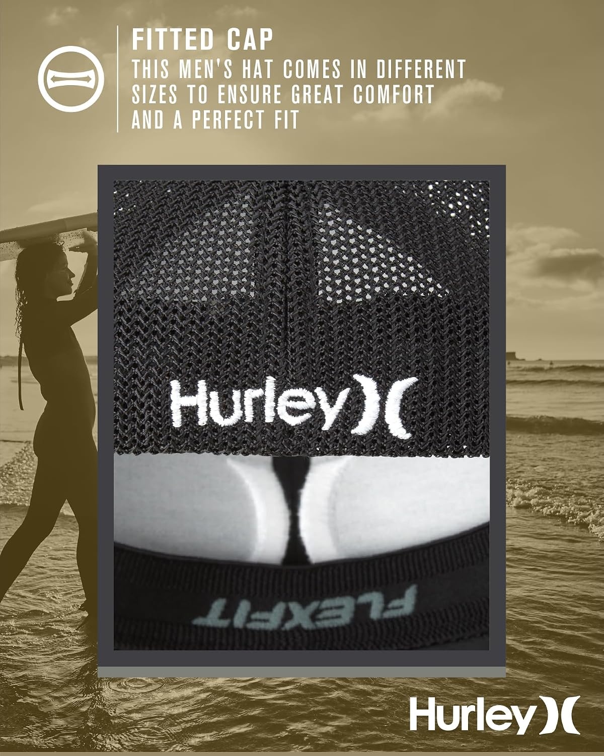 Hurley Mens Baseball Cap – Laguna Icon Mesh Stretch Trucker Hat with Curved Brim – Lightweight Breathable Fitted Hats for Men(Black/White Logo)