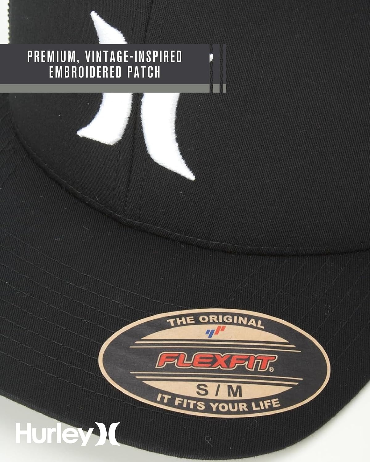 Hurley Mens Baseball Cap – Laguna Icon Mesh Stretch Trucker Hat with Curved Brim – Lightweight Breathable Fitted Hats for Men(Black/White Logo)