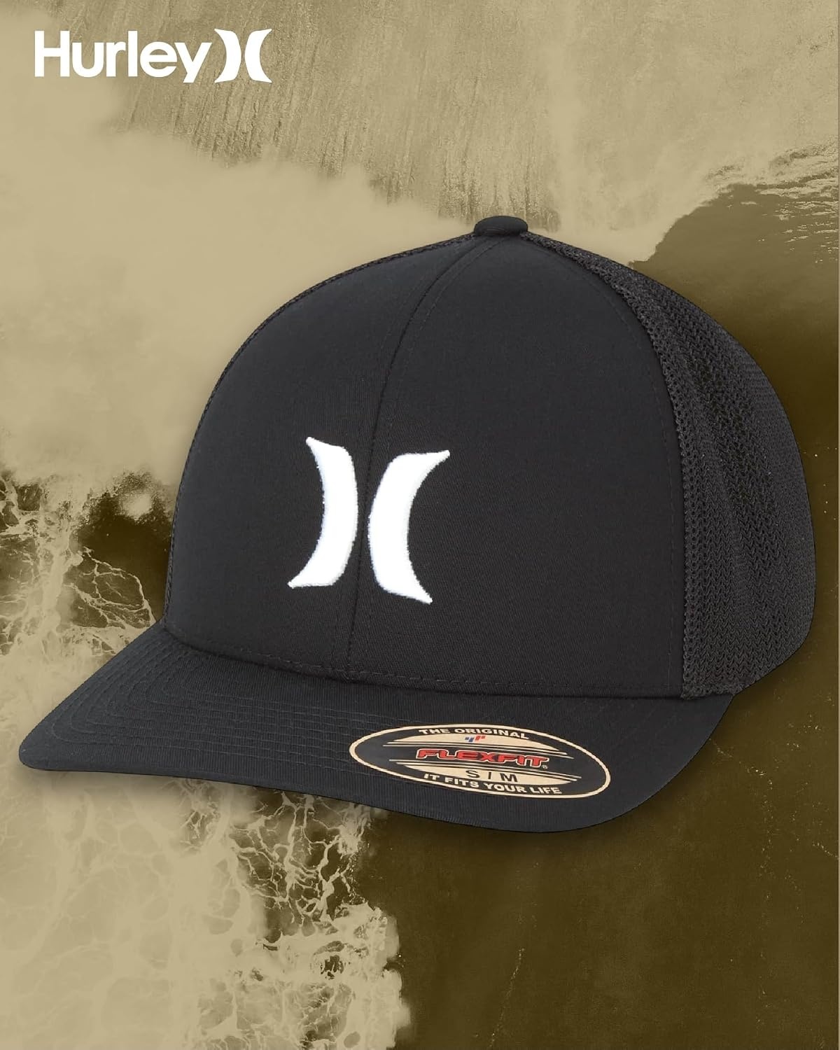 Hurley Mens Baseball Cap – Laguna Icon Mesh Stretch Trucker Hat with Curved Brim – Lightweight Breathable Fitted Hats for Men(Black/White Logo)